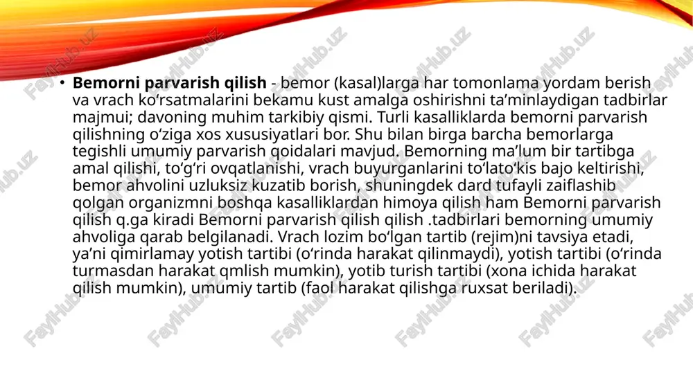 anadi .bufe tch iovqat solingan idishlarni ko’char aravachalarga joylashtiradi va ularni idishtovoq, isitish plitasi (zarur hollarda ovqat isitish uchun), issiq suv uchun titanlar (yuqori hajmli suv isitish asoblari) va idishlarni yuvish uchun asboblarga ega bo’lgan oshxonaga yetkazadi. ovqat bo’limlarga taqsimlangandan so’ng, taqsimot talabiga muvofiq bufetchi, hamshira va xona hamshirasi tomonidan tarqatiladi. agar kichik hamshira ovqat tarqatishdan avval qandaydir yumushlarni (bemorni xojatga chiqarish, palatalarni tozalash) bajargan bo’lsa, maxsus kiymlarni kiyib, qo’llarini yaxshilab yuvishi kerak. tibbiy xodimlarga "oziq-ovqat mahsulotlarini tarqatish uchun" maxsus yorlig’i bilan alohida x alatlar ajratilishi kerak e’tiboringiz uchun rahmat ! image2.png image3.jpg image4.jpg image5.jpg image1.png /docprops/thumbnail.jpeg