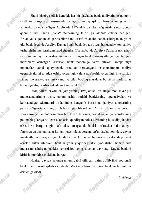 a davlatning iqtisodiy jihatdan o‘sishi va barqarorligini ta’minlash maqsadida banklar o‘rtasida bajariladigan funksiya va operatsiyalar ko‘lami taqsimlana borgan, ya’ni davlat nomidan, davlat manfaatlarini himoya qilgan holda faoliyat ko‘rsatuvchi banklar va alohida jamiyat a’zolari bilan ishlovchi banklar yoki yuqoridagi ikki yo‘nalishni ham o‘zida mujassamlashtirgan banklar (oxirgisiga sobiq sovetlar davridagi davlat bankini kiritish mumkin) shakllana borgan. hozirgi davrda jahonda umum qabul qilingan tizim bo‘lib ikki pog‘onali bank tizimi xizmat qiladi va u davlat markaziy banki va tijorat banklari tarmog‘ini o‘z ichiga oladi. 2-chizma markaziy bank bank va moliya muassasalari faoliyatining barqarorligini ta’minlaydi. birinchi navbatda, u ko‘pchilik moliya institutlari, banklarning faoliyatida moliyaviy jihatdan muammolar yuzaga kelganida, banklar omonatchilar oldidagi o‘z majburiyatlarini bajara olmay qolgan holda moliyaviy sarosima paydo bo‘lishining oldini olishi kerak. bu masalani hal qilish uchun markaziy bank, avvalo, tartibga solish va nazorat qilish funksiyalarini ikkinchi pog‘ona – tijorat banklari tizimiga nisbatan bajaradi. tijorat banklarining har kunlik faoliyatiga aralashish markaziy bank majburiyatiga …