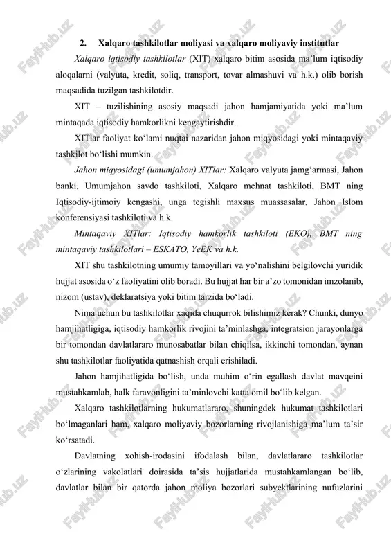 vfsizlik kengashi, iqtisodiy va ijtimoiy kengash (ekosos), xalqaro sud va kotibiyat) quyidagi asosiy maqsadlarni ko‘zlaydi: 0. xalqaro tinchlik va xavfsizlikni qo‘llab-quvvatlash va ushbu maqsadlarda samarali jamoatchilik tomonidan tinchlikga xavf soluvchi tajovuzlarni bartaraf etish xamda tajovuzkorlik hollarini tinchitish uchun samarali choralarni ko‘rish, adolat va xalqaro huquq tamoyili asosida xalqaro kelishmovchiliklar va vaziyatlarni bartaraf etish, tinchitish, ularning tinchlikka xavf solishini oldini olish; 0. teng huquqli va xalqlarning o‘z taqdirlarini o‘zlari hal etish tamoyillarini hurmat qilgan holda millatlar o‘rtasida do‘stona munosabatlarni rivojlantirish; 0. ushbu umumiy maqsadlarga erishish yuzasidan xarakatlarning kelishilgan markaziga aylanishlik. bmtning ixtisoslashgan muassasalari – ular mustaqil ravishdagi xalqaro tashkilotlardir. xalqaro valyuta-kredit munosabatlariga bevosita va bilvosita quyidagilar kiradilar: xalqaro valyuta fondi, xalqaro tiklanish va rivojlanish banki, xalqaro moliyaviy uyushma (xmu) va xalqaro rivojlanish uyushmasi. xalqaro moliyaviy birlashma (xmb) 1959-yilda aqsh tashabbusi bilan rivojlanayotgan mamlakatlarning sanoatiga xususiy sarmoyalarni kiritishni rag‘batlantirish uchun barpo etilgan. xalqaro moliyaviy birlashma jahon bankining guruhiga a’zo bo‘lgani holda, yuridik …