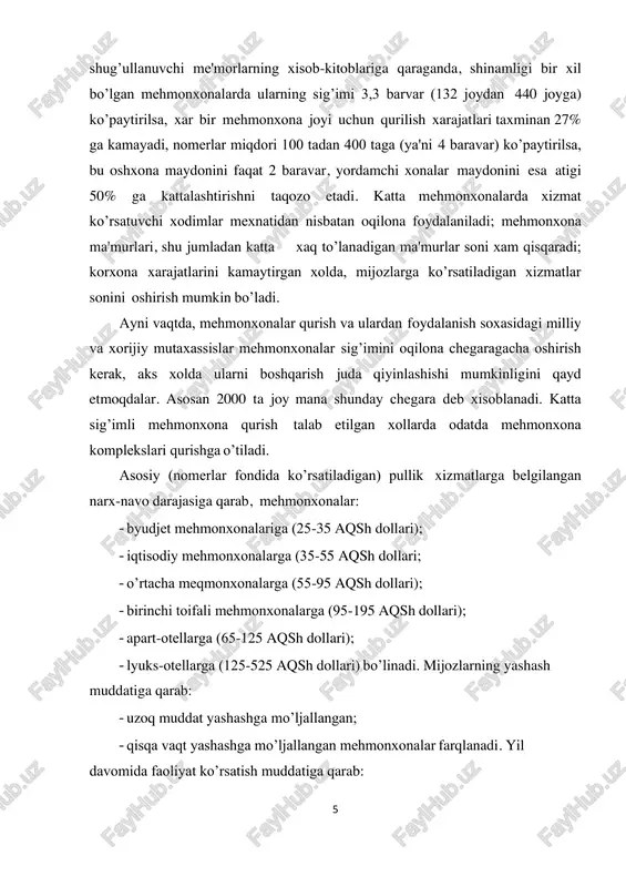 yli) mehmonxonalar farqlanadi. qavatlilik. jaxon amaliyoti bir-ikki qavatli mehmonxonalardan boshlab 40 qavatgacha bo’lgan va undan balandroq mehmonxonalar qurilishini ko’rsatadi. mehmonxonalarning qavatliligi masalalari muayyan mamlakatdagi iqtisodiy, shaxarsozlik shart-sharoitlariga, bu erda amal qiluvchi normativ talablarga, bu mamlakatda qo’llaniluvchi konstruktsiyalar va qurilish materiallariga, binolarni qurish metodlariga bog’liq bo’ladi. xozirda: rossiyada – 5-16 qavatli; chexiyada – 8-14 qavatli; vengriyada kichik shaxarlarda–4-5 qavatli, kata sha?arlarda va kurortlarda – 6-11 qavatli; germaniyada – 8-10 qavatli; angliyada – 10-15 qavatli mehmonxonalar qurish ayniqsa keng tarqalgan. mehmonxonalarning binolari qavatliligiga qarab quyidagi guruxlarga ajratiladi: kam qavatli (1-2 qavat) mehmonxonalar; qavatliligi o’rtacha (3-5 qavat) mehmonxonalar; qavatliligi katta (6-9 qavat) mehmonxonalar; ko’p qavatli (1 toifa – 10-16 qavat; 2 toifa – 17-25 qavat; 3 toifa – 26-40 qavat) mehmonxonalar; baland (40 dan ortiq qavatli) binolar. yong’in xavfsizligini ta'minlash maqsadida ikki va undan ortiq qavatli milliy mehmonxonalarda zinalar ikkitadan kam bo’lmasligi tavsiya etiladi. zina 7 maydonchasidan yoki binodan chiqish joyidan nomer eshigining …