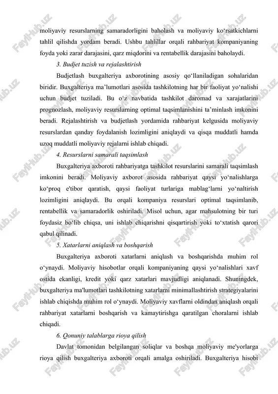 lashtirish strategiyalarini ishlab chiqishda muhim rol o‘ynaydi. moliyaviy xavflarni oldindan aniqlash orqali rahbariyat xatarlarni boshqarish va kamaytirishga qaratilgan choralarni ishlab chiqadi. 6. qonuniy talablarga rioya qilish davlat tomonidan belgilangan soliqlar va boshqa moliyaviy me'yorlarga rioya qilish buxgalteriya axboroti orqali amalga oshiriladi. buxgalteriya hisobi soliqqa oid hisob-kitoblarni yuritish, ularni davlat organlariga taqdim etish va soliqqa oid majburiyatlarni bajarishda asosiy manba hisoblanadi. shuningdek, buxgalteriya axboroti rahbariyatga davlat tomonidan o‘rnatilgan moliyaviy me'yorlarga rioya qilishda yordam beradi va moliyaviy tekshiruvlarga tayyor bo‘lishni ta’minlaydi. buxgalteriya axboroti tashkilotning moliyaviy faoliyatini samarali boshqarishda va kelgusidagi rivojlanish yo‘nalishlarini belgilashda muhim vositadir. buxgalteriya axborotining aniq va to‘liq yuritilishi tashkilotga quyidagi imoniyatlarni beradi: · qaror qabul qilishda aniq asos yaratadi. · resurslarni optimal taqsimlash va samaradorlikni oshirish imkonini beradi. · moliyaviy nazorat va tahlilni amalga oshirish imkoniyatini beradi. · xatarlarni aniqlash va minimallashtirish jarayonida muhim vosita sifatida xizmat qiladi. · soliq va qonuniy talablarni bajarishga yordam beradi. buxgalteriya axboroti nafaqat …