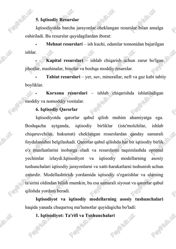 statistik ma'lumotlarga asoslanadi. bunday modellar real dunyo iqtisodiy o‘zgarishlari va muammolarini o‘rganadi. statistik tahlil, regressiya, vaqt seriyalari tahlili kabi usullar bilan yaratiladi. modelning tuzilishi: · o‘zgaruvchilar: modellashtirishda iqtisodiy o‘zgaruvchilar (masalan, narx, talab, ta'minot, ish haqi, foiz stavkasi) alohida tahlil qilinadi. o‘zgaruvchilar bir-biriga bog‘liq bo‘lishi mumkin. · funksiyalar: funksiyalar yordamida o‘zgaruvchilar o‘rtasidagi munosabatlar ko‘rsatiladi. masalan, talab funksiyasi talabning narxga bog‘liqligini ko‘rsatadi. · parametrlar: modeldagi koeffitsientlar yoki parametrlar yordamida o‘zgaruvchilarni aniqlash mumkin. bu parametrlar vaqt o‘tishi bilan o‘zgarishi mumkin. 3. iqtisodiy funksiya: ta'rifi va turli xilligi iqtisodiy funksiya – iqtisodiy o‘zgaruvchilar o‘rtasidagi matematik munosabatni ifodalovchi formuladir. iqtisodiy funksiyalar orqali iqtisodiy jarayonlar va o‘zgarishlar haqida aniq xulosa chiqarish mumkin. funksiya turlari: · talab funksiyasi: iste'molchilarning ma'lum bir narxdagi tovarni qancha miqdorda sotib olishga tayyorligini ko‘rsatadi. bu funksiya talabning narxga bog‘liqligini ifodalaydi. · formulasi: qd=f(p)q_d = f(p)qd​=f(p), bu yerda qdq_dqd​ – talab, ppp – narx. · taklif funksiyasi: ishlab chiqaruvchilar tomonidan berilgan tovarlar yoki …