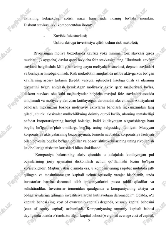 zor qiymati, birinchi navbatda, korporatsiya faoliyati bilan bevosita bog'liq bo'lgan omillar va bozor ishtirokchilarining uning rivojlanish istiqbollariga nisbatan kutishlari bilan shakllanadi. “kompaniya balansining aktiv qismida u kelajakda kutilayotgan pul oqimlarining joriy qiymatini diskontlash uchun qo‘llanilishi lozim bo‘lgan ko‘rsatkichdir. majburiyatlar qismida esa, u kompaniyaning raqobat muhitida jalb qilingan va taqsimlanmagan kapitali uchun iqtisodiy xarajat hisoblanib, unda investorlar barcha daromad olish imkoniyatlarini puxta tahlil qiladilar va solishtiradilar. investorlar tomonidan qaralganda u kompaniyaning aksiya va obligatsiyalariga qilingan investitsiyalardan kutilayotgan daromaddir”. odatda, o‘z kapitali bahosi (ing. cost of ownership capital) deganda, xususiy kapital bahosini (cost of equity capital) tushuniladi. kompaniyaning umumiy kapitali bahosi deyilganda odatda o‘rtacha tortilgan kapital bahosi (weighted average cost of capital, wacc) ni nazarda tutamiz. sodda qilib aytganda, “xususiy kapital bahosi – bu, investor tomonidan kompaniyaning xusuiy kapitaliga qilingan investitsiyadan kutilayotgan daromadlilik darajasi.” shuni tan olish kerakki kapital bahosi qarz va ulushli instrumentlarning ikkisiga birdek aloqador bo‘ladi. tadqiqotchi olimlarning fikriga ko‘ra, …