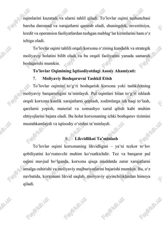 kda qaysi yo‘nalishlarda mablag‘larni taqsimlash kerakligini, qaysi resurslarga zaruriy mablag‘ ajratish kerakligini belgilashda yordam beradi. bu esa korxona rejalari va strategik qarorlarini asoslaydi. 13. risklarni boshqarish va yaxshilash to’lovlar oqimi tahlili korxona moliyaviy risklarini aniqlash va boshqarish imkonini beradi. agar pul oqimlarida o‘zgaruvchanlik yuqori bo‘lsa yoki tushumlar barqaror emasligi aniqlansa, bu kelajakda moliyaviy qiyinchiliklar paydo bo‘lishidan ogohlantiradi. shu orqali korxona mablag‘lar taqsimotini o‘zgartirishi, xarajatlarni kamaytirishi yoki qo‘shimcha moliyalashtirish manbalarini topish bo‘yicha choralar ko‘rishi mumkin. 14. xalqaro tijorat va moliya faoliyatini yaxshilash pul oqimlari tahlili yirik xalqaro kompaniyalar uchun ayniqsa muhimdir, chunki ular turli mamlakatlarda faoliyat yuritib, har xil moliyaviy va soliq tizimlari bilan ishlaydilar. to’lovlar oqimi bu kabi korxonalarga valyuta kurslari o‘zgarishlariga qarshi himoya qilish, resurslarni optimallashtirish, hamda turli mintaqalarda likvidlikni saqlab qolishda yordam beradi. to’lovlar oqimi tushunchasi va uning iqtisodiyotdagi ahamiyati shundan iboratki, bu ko‘rsatkich korxonaning moliyaviy holatini, likvidligini, rentabelligini va umumiy faoliyat samaradorligini belgilovchi muhim o‘lchov hisoblanadi. to’lovlar …