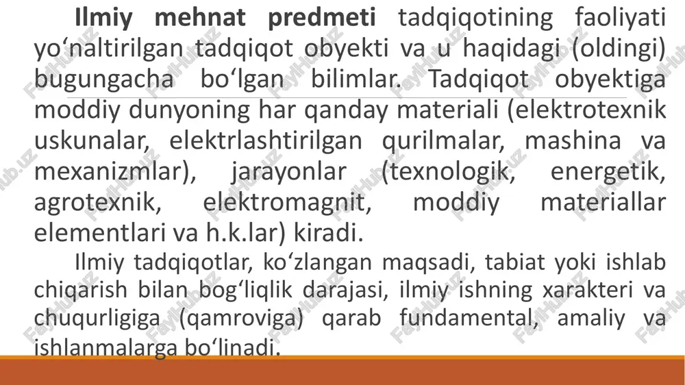 asash, olingan natijalar tadqiqot maqsadi va vazifalariga to‘la javob berishi hamda umumiy xulosa va tavsiyalarni shakllantirishi ilmiy izlanishning yakuniy bosqich vazifalariga kiradi. texnika sohasida, jumladan, texnologik jarayonlarni avtomatlashtirish va boshqarish sohasida tadqiqotlar natijalarini o‘zlashtirish (amalda tadbiq etish) bosqichi ham ko‘zda tutiladi. bunda tadqiqot natijalarini yoki texnologik va konstruktorlik ishlanmalarini iste’molchiga yetkazish ishlari amalga oshiriladi. ilmiy tadqiqot turlari muayyan bir ketma-ketlikda bosqichma-bosqich amalga oshiriladi. fundamental va amaliy tadqiqotlar quyidagi bosqichlardan iborat bo‘ladi: 1-bosqich. tanlangan mavzuning dolzarbligini asoslash va ifoda etish: – bo‘lajak tadqiqotlarga taalluqli muammolar bilan mamlakat va xorijiy adabiy manbalar bo‘yicha tanishish, uning dolzarbligini asoslash; – muammolar bo‘yicha tadqiqotlarning muhim yo‘nalishlarini belgilash va tasniflash; – mavzuni ifodalash va tadqiqot annotatsiyasini tuzish; – texnikaviy topshiriqni ishlab chiqish va ilmiy tadqiqot ishlari (iti) umumiy kalendar rejasini tuzish; – kutilayotgan iqtisodiy yoki boshqa foydali samarani oldindan belgilash. 2-bosqich. tadqiqotning maqsadi va vazifasini ifodalash: – mamlakat va xorijiy nashrlar bibliografik ro‘yxatini tanlash va tuzish …