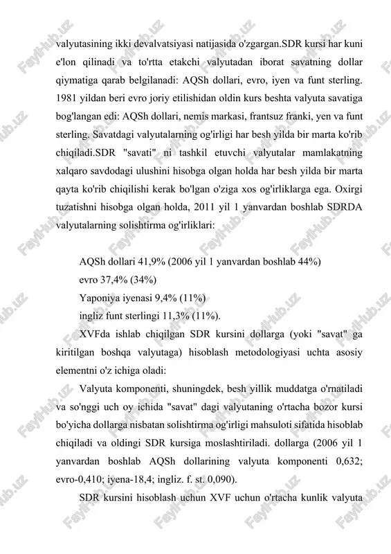 agar fond qarz beruvchini tayinlamasa, unda valyutani fondga a'zo davlatlar o'rtasidagi kelishuv asosida olish mumkin. biroq, ushbu o'tkazmalar cheklovga ega: donor mamlakat sdr-ni sdr kvotasining ikki baravaridan ortiq qabul qilishdan bosh tortishi mumkin, shunda uning hisobidagi sdr umumiy miqdori sdr limitining 300 foizidan oshmaydi. valyuta evaziga sdr sarflaydigan mamlakat dastlab ushbu hisobdagi sdr qoldig'i 30% dan kam bo'lmasligini ta'minlashi kerak edi, aks holda uni "tiklash"kerak edi. ammo keyin bu daraja 15% ga tushirildi va 1981 yil aprelda. "qayta tiklash" qoidasi umuman bekor qilindi. shunday qilib, sdr xalqaro kreditning odatiy shakllaridan, shu jumladan xvfning an'anaviy operatsiyalaridan farq qiladi, chunki unga ajratilgan mablag'lardan foydalanadigan mamlakat ularni to'lashga majbur emas. ularni to'lash, sdr hisobvarag'ida belgilangan muddatlarda belgilanmagan "tiklash" mamlakat tomonidan valyuta holati yaxshilanishi bilan amalga oshirilishi mumkin. sdr dan foydalanish va to'plash pullik. sdr to'plagan kreditor mamlakatlar sdr kvotasidan yuqori bo'lgan miqdordan foiz oladilar. sdr-ni valyutaga almashtirgan qarzdor davlatlar ishlatilgan sdr summasidan foizlarni …