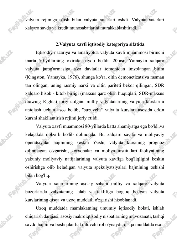 holati; valyutani tartibga solish tizimi va boshqalar. valyuta kurslarining qisqa muddatli o'zgarishi bu yoki boshqa valyutaga talab va taklifning tez-tez o'zgarishi natijasida yuzaga keladigan doimiy kundalik o'zgarishlarning natijasidir. tashqi iqtisodiy operatsiyalar, shu jumladan savdo operatsiyalari hajmi doimiy ravishda o'sib borayotganligi va jahon valyuta bozori kun bo'yi ishlayotganligi sababli, bunday vaqtinchalik tebranishlar muqarrar bo'lib, bu valyuta xavfining doimiy manbaiga aylanadi. bundan tashqari, valyuta bozorida ishlaydigan korxonalar va banklar rossiya allaqachon tajribaga ega bo'lgan maqsadli valyuta spekulyatsiyalariga duch kelishlari mumkin. shu sababli, valyuta xatarlarining tabiati va hajmini aniqlash, shuningdek ularning oldini olish eksport-import operatsiyalari va xalqaro moliyaviy hisob-kitoblarni amalga oshirishning dolzarb muammolaridan biriga aylanmoqda. valyuta xavfi deganda valyuta bozori sub'ektlari tomonidan valyuta kurslarining o'zgarishi orqali pul yo'qotish ehtimoli tushuniladi. sof iqtisodiy nuqtai nazardan, bunday xavf aktivlar va passivlarning nomutanosibligi natijasidir, bu muddat va miqdor bo'yicha har qanday valyutaga tegishli. erkin kursni shakllantirish tizimi mavjud bo'lgan davrda foiz stavkalariga ta'siri, eksport-import oqimlarining yo'nalishi, …