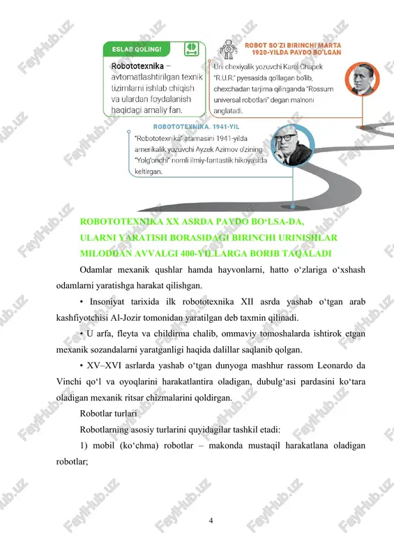 t – mexanizm ishlashini ta’minlovchi mashina. robot teskari aloqa va sun’iy intellekt elementlariga ega avtomat hisoblanadi. mexanizm o‘z holicha hech qanday ish bajara olmaydi. tizim samarali ishlashi uchun esa dastur talab qilinadi; • dastur – o‘zida robot ishga tushishi uchun buyruq va ko‘rsatmalarni jamlagan paket; • avtomat – dastur bo‘yicha ishni mustaqil bajaradigan qurilma. bir-biridan farq qiladigan ko‘plab robot va avtomatlashtirilgan tizimlar mavjud, lekin ularning tuzilish sxemasi deyarli bir xil. robot tarkibiy qismlaridan biri dasturli kontroller bo‘lib, unda sun’iy intellekt elementlari mavjud. kontroller ijrochi elementlar – motor, ekran yoki dinamiklarga buyruq beradi. ijrochi elementlar atrof-muhit bilan o‘zaro munosabatga kirishadi, qandaydir tarzda atrof-muhitni yoki robotning atrof-muhitga nisbatan holatini o‘zgartiradi va bu haqda datchiklar (his qilish elementlari) xabar topadi. ular axborotni kontrollerga uzatadi va sikl yopiladi. butun operatsiyalar sikli katta tezlikda, sekundiga bir necha ming marta takrorlanishi mumkin. shu tariqa robotlar juda aniq va tartibli ravishda boshqariladi. iv .yangi mavzuni mustahkamlash .o’tilgan …