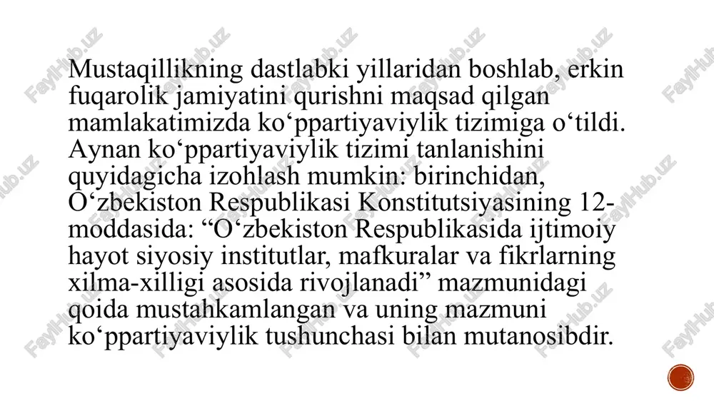 ziy kengash raisi – narzulla oblomurodovdir. partiya toza ekologik muhit yaratish, tabiatni asrash va uning sofligini taʼminlashni maqsad qiladi. siyosiy partiyalarning jamiyat hayotidagi o’rni. siyosiy partiyalar davlat va jamiyat o‘rtasidagi ko‘prik vazifasini bajarib, siyosiy jarayonlarning asosiy ishtirokchilaridan biri hisoblanadi. ular jamiyatning rivojlanishi, demokratiyaning kuchayishi va fuqarolarning huquq va erkinliklarining himoyasi uchun xizmat qiladi. image4.png image3.png image2.png image5.jpg image6.jpg image7.jpg image8.jpeg image9.jpeg image10.jpg image11.jpg image12.jpg image13.jpg /docprops/thumbnail.jpeg