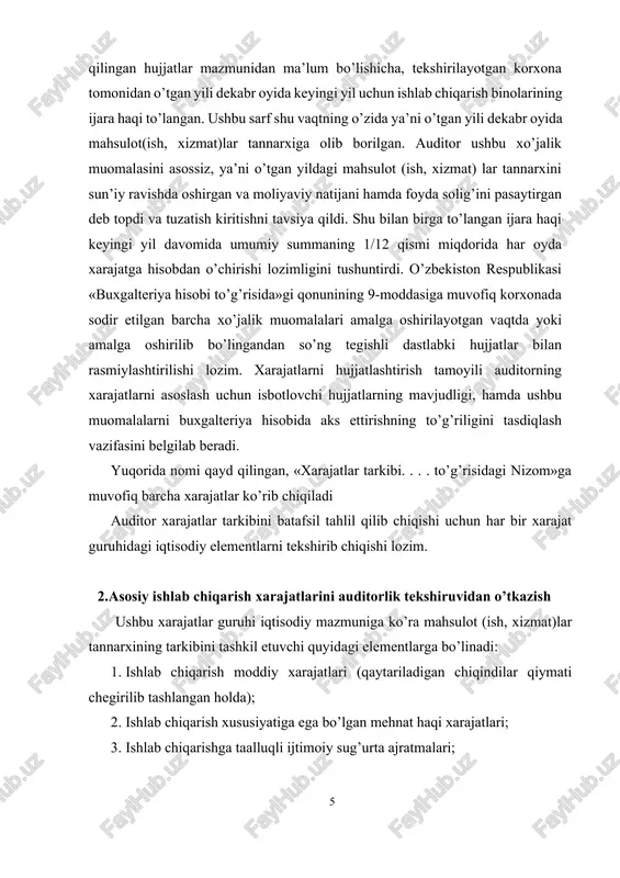 lash vazifasini belgilab beradi. yuqorida nomi qayd qilingan, «xarajatlar tarkibi. . . . to’g’risidagi nizom»ga muvofiq barcha xarajatlar ko’rib chiqiladi auditor xarajatlar tarkibini batafsil tahlil qilib chiqishi uchun har bir xarajat guruhidagi iqtisodiy elementlarni tekshirib chiqishi lozim. 2.asosiy ishlab chiqarish xarajatlarini auditorlik tekshiruvidan o’tkazish ushbu xarajatlar guruhi iqtisodiy mazmuniga ko’ra mahsulot (ish, xizmat)lar tannarxining tarkibini tashkil etuvchi quyidagi elementlarga bo’linadi: 1. ishlab chiqarish moddiy xarajatlari (qaytariladigan chiqindilar qiymati chegirilib tashlangan holda); 2. ishlab chiqarish xususiyatiga ega bo’lgan mehnat haqi xarajatlari; 3. ishlab chiqarishga taalluqli ijtimoiy sug’urta ajratmalari; 4. ishlab chiqarish ahamiyatiga ega bo’lgan asosiy vositalar va nomoddiy aktivlar eskirishi; 5. ishlab chiqarish ahamiyatiga ega bo’lgan boshqa xarajatlar. shuning uchun auditor har bir xarajat elementi tarkibining «nizom»ga muvofiqligiga ishonch hosil qilishi lozim. «ishlab chiqarish moddiy xarajatlari»elementi tarkibiga ishlab chiqariladigan mahsulotning asosini tashkil etuvchi yoki mahsulotni tayyorlash (ishlarni bajarish va xizmatlarni ko’rsatish)da zarur tarkibiy qism hisoblangan, chetdan sotib olingan xom-ashyo va materiallar, …