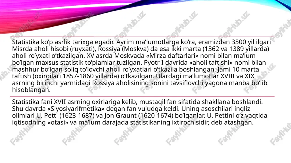 tistika qo‘mitasi tizimi – statistik ma’lumotlarni ishlab chiqaruvchi va iste’molchilarga yetkazib beruvchi fabrika iqtisodiy voqealarni bilish jarayonining bosqichlari. davlat statistika qo‘mitasi o‘z faoliyatini o‘zbekiston respublikasi konstitutsiyasi, “o‘zbekiston respublikasi davlat statistikasi to‘g‘risida”gi qonun va boshqa rasmiy hujjatlarga muvofiq amalga oshiradi. qoraqalpog‘iston respublikasi, viloyatlar va toshkent shahar statistika boshqarmalari, tuman (shaharlar) statistika bo‘limlari bilan birgalikda davlat statistika qo‘mitasining yagona tizimini tashkil etadi. 2.2-tarhda bu tizimning tuzilishi tasvirlangan. o’zbekiston davlat statistikasi tashkilotlarining tuzilishi xalqaro statistika tashkilotlari - ma’lumotlarning mamlakatlararo taqqoslamaliligini ta’minlaydigan standartlar yaratuvchi va ularni amalga oshiruvchi tashkilotlardir. xalqaro statistikani tashkil etish masalalari birlashgan millatlar tashkiloti (bmt) va uning ixtisoslashgan muassasalari, xalqaro mehnat tashkiloti (mot), sog‘liqni saqlash butun dunyo tashkiloti (voz), oziq-ovqat komissiyasi (fao), maorif, madaniyat va fan sohasida hamkorlik komissiyasi (yunesko) hamda boshqa xalqaro tashkilotlar - ovropa iqtisodiy hamkorligi, xalqaro valyuta fondi,butun dunyo banki, iqtisodiy hamkorlik va taraqqiyot xalqaro tashkiloti va boshqa muassasalarning statistika xizmatlari diqqat markazida turadi. ular turli mamlakatlar statistik …
