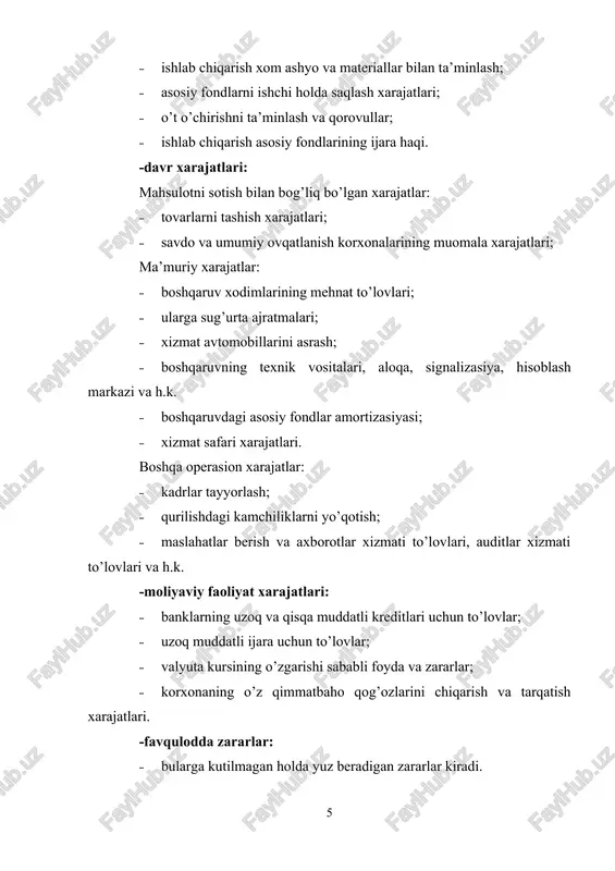 rishni yanada kengaytirish va takomillashtirish uchun qo’shimcha mablag’ beradi, mahsulotlar chakana narxini pasaytirib bu bilan aholining turmush darajasini yuksaltirishga imkon yaratadi. mahsulot tannarxi xarajat elementlari bo’yicha klassifikasiyalanadi. xarajatlarning iqtisodiy elementlari quyidagilardan iborat: 1. xom ashyo va asosiy materiallar (chiqindilar kirmaydi); 1. yordamchi va boshqa materiallar; 1. yoqilgi; 1. energiya; 1. asosiy va qo’shimcha ish haqi; 1. ijtimoiy sug’urta ajratmalari; 1. asosiy fondlar amortizasiyasi; 1. boshqa pul xarajatlari. bundagi 1-4 – elementlar mehnat predmetlari uchun, 5 va 6 – elementlar kishi mehnati uchun, 7 – element mehnat vositalari uchun sarflangan pul xarajatlarini ifodalaydi. 8 – element esa ishlab chiqarishni normal amalga oshirish uchun zarur pul xarajatlaridir (yollangan transport, xodimlarni xizmat safariga yuborish, pochta, telegraf, o’qishga yuborilganlarga to’lanadigan stipendiya va boshqa shu kabi xarajatlar). ishlab chiqarish xarajatlarini mazkur iqtisodiy elementlari bo’yicha klassifikasiya qilish tannarxning tuzilishini o’rganish imkonini beradi. birlik mahsulot uchun xarajat kalkulyasiya moddalari bo’yicha mahsulot tannarxidagi xarajatlar klassifikasiyalanadi. ishlab chiqarish xarajatlari …