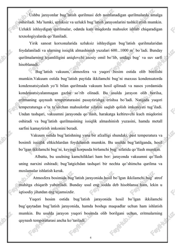 ida ajralib chiqqan ikkilamchi bug’ni qaytadan qo’llash, vakuum ostida bug’latishga nisbatan issiqlikdan to’la miqdorda foydalanish imkonini beradi. shuning uchun, ushbu usul faqat issiqlikka bardosh eritmalarni bug’latish uchun qo’llaniladi. undan tashqari, yuqori bosim ostida bug’latish jarayoni uchun yuqori temperaturali issiqlik eltkichlarni ishlatish kerak. bu hol albatta uning eng asosiy kamchiligidir. atmosfera bosimi, ayrim hollarda vakuum ostida jarayon olib borilganda, bir korpusli bug’latkichlardan foydalaniladi. lekin, sanoat miqyosida ko’pincha bir necha qurilmadan yig’ilgan ko’p korpusli bug’latish qurilmalarida jarayonni olib borish keng tarqalgan. bunday qurilmalarda faqat birinchi korpusda birlamchi bug’ ishlatiladi. ikkinchi, uchinchi va keyingi korpuslarda esa, oldingi korpusda ajralib chiqqan ikkilamchi bug’ qo’llanilsa, eltkich tejalishiga sabab bo’ladi va bug’ sarfining kamayishiga olib keladi. ii. nazariy qism 2.1.bug`latish haqida umumiy ma`lumot uchuvchan bo‘lmagan moddalar eritmalarini uning tarkibidagi erituvchini qaynatish paytida chiqarib yuborish yo‘li bilan quyuqlashtirish jarayoni bug‘latish deb yuritiladi. ammo bug‘latish jarayoni qaynash temperaturasidan past temperaturalarda suyuqlikning yuzasida ro‘y bersa, bug‘latish jarayonida bug‘ eritmaning …