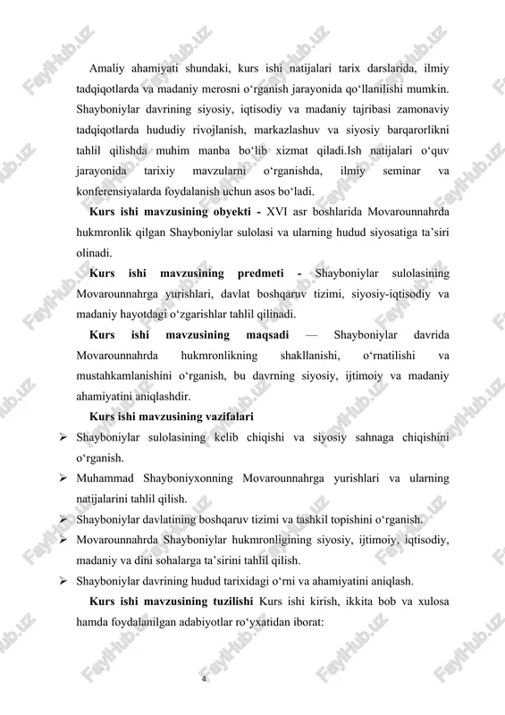 da hukmronlikning shakllanishi, o‘rnatilishi va mustahkamlanishini o‘rganish, bu davrning siyosiy, ijtimoiy va madaniy ahamiyatini aniqlashdir. kurs ishi mavzusining vazifalari · shayboniylar sulolasining kelib chiqishi va siyosiy sahnaga chiqishini o‘rganish. · muhammad shayboniyxonning movarounnahrga yurishlari va ularning natijalarini tahlil qilish. · shayboniylar davlatining boshqaruv tizimi va tashkil topishini o‘rganish. · movarounnahrda shayboniylar hukmronligining siyosiy, ijtimoiy, iqtisodiy, madaniy va dini sohalarga ta’sirini tahlil qilish. · shayboniylar davrining hudud tarixidagi o‘rni va ahamiyatini aniqlash. kurs ishi mavzusining tuzilishi kurs ishi kirish, ikkita bob va xulosa hamda foydalanilgan adabiyotlar ro‘yxatidan iborat: i bob. shayboniylar davlatining shakllanishi va movarounnahrga yurishlar 1.1. shayboniylar sulolasining kelib chiqishi va ularning siyosiy sahnaga chiqishi shayboniylar sulolasi markaziy osiyo tarixida muhim o‘rin tutgan, o‘zbekiston davlatchiligi taraqqiyotida chuqur iz qoldirgan siyosiy kuchlardan biridir. bu sulola nomi o‘zining asoschisi — chingizxonning o‘g‘li jo‘chining beshinchi o‘g‘li shaybon ismiga borib taqaladi. shayboniylar jo‘chixon naslidan bo‘lib, oltin o‘rda va dashti qipchoq hududlarida uzoq vaqt hukmronlik …