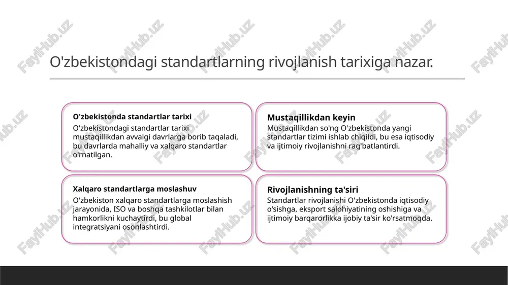 tandartlar muhim rol o'ynaydi. ular savdo va investitsiyalarni rag'batlantiradi, iqtisodiy o'sishni tezlashtiradi. 3 ijtimoiy ta'sir iqtisodiy siyosatda standartlar ijtimoiy barqarorlik va rivojlanishga yordam beradi. ular ish o'rinlari yaratish va aholi farovonligini oshirish uchun zarurdir. madaniyat va an'analar: o'zbekistondagi muassasalar ta'siri. 1 madaniyat va muassasalar o'zbekistondagi madaniyat va muassasalar o'zaro bog'liq bo'lib, ijtimoiy hayotda an'anaviy qiymatlarni saqlab qolishga yordam beradi. 2 an'analarning o'rni o'zbek an'analari, masalan, mehmondo'stlik va qadr-qimmat, muassasalar orqali mustahkamlanadi, ijtimoiy hamjihatlikni ta'minlaydi. 3 muassasalar va rivojlanish o'zbek muassasalari madaniy rivojlanishni rag'batlantiradi, zamonaviy talablar va qadimiy an'alarni birlashtirishga intiladi. 4 madaniy meros va ta'sir o'zbekistonda madaniy meros muassasalarni shakllantiradi, yosh avlodni tarbiyalashda va milliy identitetni saqlashda muhim rol o'ynaydi. o'zbekistonda xalqaro standartlarga moslashish jarayoni. 1 xalqaro standartlar - xalqaro standartlar, mamlakatlar o'rtasidagi hamkorlikni mustahkamlash, iqtisodiy rivojlanishni ta'minlash va sifatni oshirishda muhim rol o'ynaydi. 2 moslashish jarayoni - o'zbekiston, xalqaro standartlarga moslashish jarayonida, me'yoriy hujjatlarni ishlab chiqish va ularni amaliyotga …
