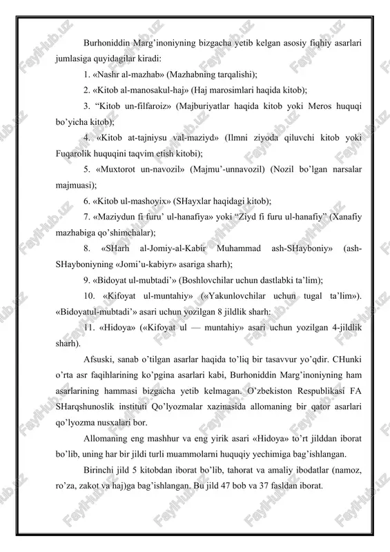 ng nasabini aniqlash, topib olingan narsa, qochib ketgan qullar, bedarak yo’qolganlar, sherikchilik va vaqf huquqi kabi masalalar kiritilgan. bu jild 60 bob, 36 fasldan tashkil topgan. uchinchi jildida (14 kitob) oldi-sotdi, pul muammolari, kafolat, pulni birovga o’tkazish, qozilarning vazifalari, guvohlik, berilgan guvohlikdan qaytish, vakolat, da’vo, iqror bo’lish, sulh, bir ishda pul bilan sherik bo’lish, pulni saqlashga berish, qarz berish, sovg’a, ijara, muayyan shart asosida cheklangan ozodlik berilgan qullar, voliylik (patronat), majbur qilish, homiylik, qisman ozod bo’lgan qullar va bosqinchilik xususidagi masalalar o’rin olgan. bu jildda 36 bob, 37 fasl bor. to’rtinchi jildida (76 kitob) esa shafoat, merosni taqsimlash, dehqonchilik hamda bog’dorchilik xususida shartnoma, qurbonlikka so’yishadigan jonzod haqida, umuman qurbonlik qilish haqida, shariatga zid yomon narsalar haqida, tashlandiq yerlarni o’zlashtirish xususida, taqiqlangan ichimliklar haqida, ovchilik, garovga berish, jinoyatlar xususida, xun haqi to’lash, vasiyat kabi masalalar yoritilgan. bu jild 23 bob, 38 fasldan iborat. burhoniddin marg’inoniyning ilmiy merosi hozirda ham o’z ahamiyatini …