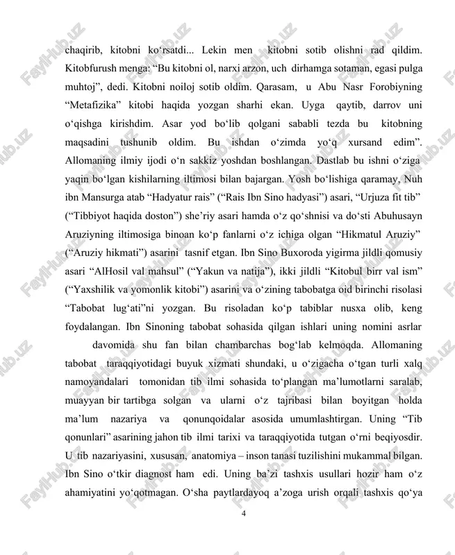 ixida ko‘z jarrohligi amaliyotini birinchilardan bo‘lib amalga oshirgan. yuqumli kasalliklar bilan og‘rigan bemorlarni boshqalardan ajratish zarurligini ta’kidlagan. chiqqan yelka suyagini joyiga solish usuli hozirgi kungacha ibn sino nomi bilan yuritiladi. singan suyakni gipslash yo‘li bilan davolash usuli ilk bor ibn sino tomonidan qo‘llangan. bemorlarni davolashda olim uch narsaga: tartib (parhez), dorilar bilan davolash va turli tibbiy tadbirlarni qo‘llash (qon olish, banka qo‘yish, zuluk solish, huqna va boshqalar)ga ahamiyat berish kerakligini ta’kidlagan. ibn sino salomatlikni saqlashda shaxsiy gigiyena, uyqu va jismoniy mashqlarning ahamiyati kattaligini uqtirgan. alloma dorishunoslik sohasida ham chuqur tadqiqotlar olib borgan. uning dorivor o‘sim liklarni yig‘ish, saqlash, qayta ishlash usullari hozir ham qo‘llaniladi. alloma davolash jarayonida 540 dorivor o‘simlikdan foydalangan bo‘lib, ularning 396 tasidan hozir ham tibbiyotda keng foydalaniladi. ibn sino birinchilardan bo‘lib kimyoviy usulda tayyorlangan dorilarni ishlatgan. kasallikning turiga qarab avval sodda, so‘ng murakkab tarkibli dorilar bilan davola gan. eng muhimi, oziq­ovqatlarning shifobaxsh ta’siriga katta ahamiyat berib, davolashni …
