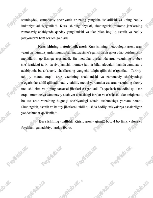 azni dastlab o‘zbek tilida turkiy she'rlar yaratishda foydalanilgan bo‘lsa-da, keyinchalik, uning qo‘llanilishi va o‘zgacha yondoshuvlari rivojlanib, o‘zbek adabiyotida alohida o‘rin tutdi. aruz vaznining taraqqiyoti o‘zbek mumtoz she'riyatida asosan ixlos bilan ishlangan va uning to‘g‘ri qo‘llanilishi she'rning nafisligi va musiqiyligini ta'minlagan. aruzning turli shakllari, masalan, fa’ilatun, fa’ilatun, fa'ilatun, fa'ilun kabi tuzilmalar orqali she’rda izchillik va o‘zgacha go‘zallik yaratilgan. shuningdek, bu vazn orqali so‘zning musiqiy jihatlari, masalan, ohang, ritm va takroriylik, shoirlarga o‘z fikrlarini va his-tuyg‘ularini yanada chuqurroq ifoda etish imkonini bergan. aruz vaznining rivojlanishi bilan birga, mumtoz janrlar, masalan, gazel, ruboiy, qasida va mustazodlar singari shakllar ham shakllandi. bu janrlar o‘zining an'anaviy shaklida, aruz vaznining qat'iy me'yorlariga rioya qilib yozilgan. gazel va qasida kabi janrlar o‘zining musiqiy xususiyatlari, qismlarga bo‘lingan tuzilmalari va o‘ziga xos mavzulari bilan o‘zbek mumtoz she'riyatida katta ahamiyatga ega bo‘ldi. aruz vazni bu janrlarda so‘zning ritmik va ohangli ifodasi, shuningdek, fikr va tasvirlarning aniq va to‘g‘ri yetkazilishiga yordam …