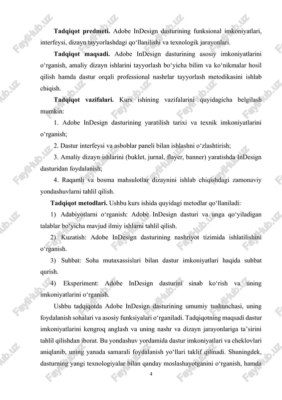 iyatlarini oʻrganish. ushbu tadqiqotda adobe indesign dasturining umumiy tushunchasi, uning foydalanish sohalari va asosiy funksiyalari o‘rganiladi. tadqiqotning maqsadi dastur imkoniyatlarini kengroq anglash va uning nashr va dizayn jarayonlariga ta’sirini tahlil qilishdan iborat. bu yondashuv yordamida dastur imkoniyatlari va cheklovlari aniqlanib, uning yanada samarali foydalanish yo‘llari taklif qilinadi. shuningdek, dasturning yangi texnologiyalar bilan qanday moslashayotganini o‘rganish, hamda dizaynerlar va nashriyotchilarning ehtiyojlariga mos keladigan rivojlanish yo‘nalishlarini aniqlash muhimdir. bu tadqiqot, o‘z navbatida, bizga adobe indesign dasturining hozirgi holati va kelajakdagi rivojlanish istiqbollari haqida chuqur tushuncha berishga yordam beradi. i bob. adobe indesign dasturi va uning imkoniyatlari 1.1. adobe indesign haqida umumiy tushuncha adobe indesign – bu adobe systems kompaniyasi tomonidan ishlab chiqilgan professional darajadagi desktop nashriyot dasturidir. ushbu dastur, asosan, bosma va raqamli mediani yaratish va dizaynini ishlab chiqish uchun mo‘ljallangan bo‘lib, uning yordamida foydalanuvchilar yuqori sifatli jurnallar, broshyuralar, kitoblar, plakatlar va elektron kitoblarni ishlab chiqishlari mumkin. adobe indesignning asosiy kuchi uning …
