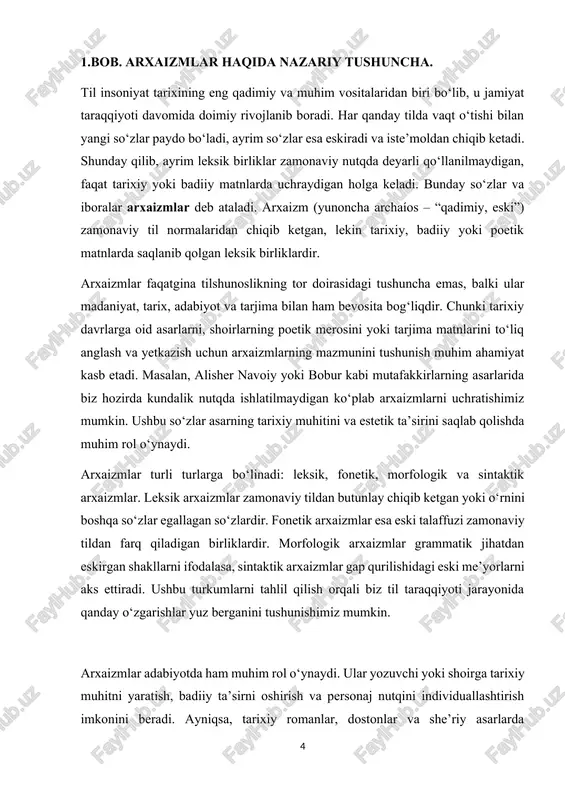 anday o‘zgarishlar yuz berganini tushunishimiz mumkin. arxaizmlar adabiyotda ham muhim rol o‘ynaydi. ular yozuvchi yoki shoirga tarixiy muhitni yaratish, badiiy ta’sirni oshirish va personaj nutqini individuallashtirish imkonini beradi. ayniqsa, tarixiy romanlar, dostonlar va she’riy asarlarda arxaizmlar o‘quvchini o‘tmishga olib boruvchi muhim stilistik vosita sifatida xizmat qiladi. masalan, shakespirning asarlarida eski inglizcha so‘zlar, alisher navoiyning she’rlarida esa eski turkiy leksik birliklar uchraydi. tarjima jarayonida esa arxaizmlarni yetarli darajada ifodalash muammosi yuzaga keladi. chunki har bir tilning o‘z tarixiy xususiyatlari bor va bir tildagi arxaizmlarni boshqa tilda aynan shu tarixiy ruh bilan berish har doim ham oson bo‘lavermaydi. masalan, o‘zbek tilidagi "bek" yoki "xon" so‘zlarini ingliz tiliga oddiy "lord" deb tarjima qilish ularning tarixiy va madaniy mazmunini to‘liq yetkazmaydi. shu sababli, tarjimonlar bunday so‘zlarni kontekstga mos ravishda yetkazish yo‘llarini izlashlari lozim. shu nuqtai nazardan, ushbu tadqiqotda biz arxaizmlarning nazariy asoslarini, ularning tildagi o‘rnini, adabiy asarlardagi ahamiyatini va tarjima jarayonida yuzaga keladigan muammolarni …