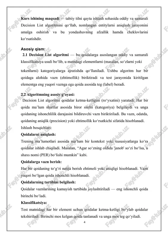 chi qoida ishlaydi va u “per” deb belgilanadi. 2.3 asosiy xususiyatlari: 1. qoidalar asosida ishlaydi algoritm qaror chiqarishda aniq ifodalangan “agar–unda” (if–then) ko‘rinishidagi qoidalar ro‘yxatiga tayangan holda harakat qiladi. 2. qoidalar ustuvorlik tartibida tekshiriladi qoidalar aniq tartib bilan joylashtiriladi va model eng yuqori ustuvorlikdagi mos keluvchi qoidani tanlaydi. 3. statistik ehtimollarga asoslanadi har bir qoida o‘ziga tegishli ehtimollik (masalan, bayes qoidasi orqali) bilan baholanadi va bu qiymatlar qoidalarning ustuvorligini belgilashda ishlatiladi. 4. oson tushuniladigan va izohlanadigan model har bir natija qaysi qoidaga asoslanganini aniq ko‘rsatish mumkin, bu esa modelning shaffofligini ta’minlaydi. 5. korpusga bog‘liq model faqat o‘rgatilgan matnlardagi xususiyatlarni o‘rganadi, yangi yoki kontekstdan tashqaridagi misollarni aniqlashda qiyinchilik tug‘dirishi mumkin. 6. qoidalarni qo‘lda yoki avtomatik tuzish mumkin foydalanuvchi kerakli bo‘lsa, ba’zi qoidalarni o‘zi yozishi, qolganlarini esa algoritm avtomatik ravishda o‘rganishi mumkin. 7.moslashuvchan va kengaytiriladigan istalgan paytda yangi qoidalar qo‘shish yoki mavjudlarini o‘zgartirish orqali modelni qayta sozlash imkoniyati mavjud. afzalliklari: 1. sodda …