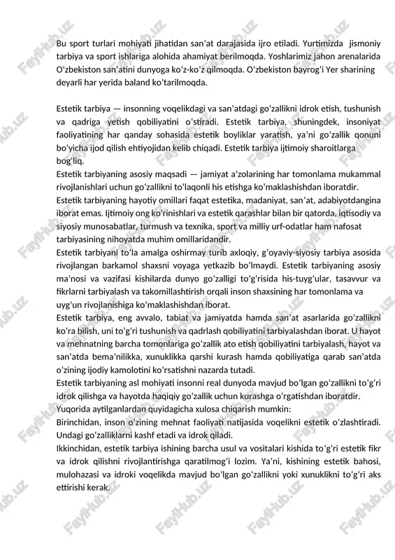 jtimoiy sharoitlarga bog‘liq. estetik tarbiyaning asosiy maqsadi — jamiyat a’zolarining har tomonlama mukammal rivojlanishlari uchun go‘zallikni to‘laqonli his etishga ko‘maklashishdan iboratdir. estetik tarbiyaning hayotiy omillari faqat estetika, madaniyat, san’at, adabiyotdangina iborat emas. ijtimoiy ong ko‘rinishlari va estetik qarashlar bilan bir qatorda, iqtisodiy va siyosiy munosabatlar, turmush va texnika, sport va milliy urf-odatlar ham nafosat tarbiyasining nihoyatda muhim omillaridandir. estetik tarbiyani to‘la amalga oshirmay turib axloqiy, g‘oyaviy-siyosiy tarbiya asosida rivojlangan barkamol shaxsni voyaga yetkazib bo‘lmaydi. estetik tarbiyaning asosiy ma’nosi va vazifasi kishilarda dunyo go‘zalligi to‘g‘risida his-tuyg‘ular, tasavvur va fikrlarni tarbiyalash va takomillashtirish orqali inson shaxsining har tomonlama va uyg‘un rivojlanishiga ko‘maklashishdan iborat. estetik tarbiya, eng avvalo, tabiat va jamiyatda hamda san’at asarlarida go‘zallikni ko‘ra bilish, uni to‘g‘ri tushunish va qadrlash qobiliyatini tarbiyalashdan iborat. u hayot va mehnatning barcha tomonlariga go‘zallik ato etish qobiliyatini tarbiyalash, hayot va san’atda bema’nilikka, xunuklikka qarshi kurash hamda qobiliyatiga qarab san’atda o‘zining ijodiy kamolotini ko‘rsatishni nazarda tutadi. …
