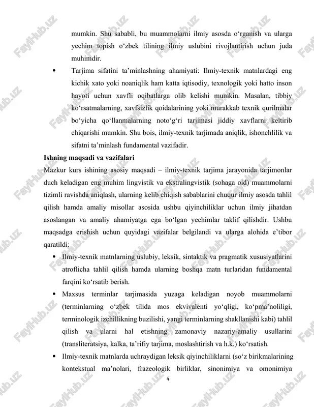 bek tilida mos ekvivalenti yo‘qligi, ko‘pma’noliligi, terminologik izchillikning buzilishi, yangi terminlarning shakllanishi kabi) tahlil qilish va ularni hal etishning zamonaviy nazariy-amaliy usullarini (transliteratsiya, kalka, ta’rifiy tarjima, moslashtirish va h.k.) ko‘rsatish. · ilmiy-texnik matnlarda uchraydigan leksik qiyinchiliklarni (so‘z birikmalarining kontekstual ma’nolari, frazeologik birliklar, sinonimiya va omonimiya masalalari, so‘z tanlashdagi nozikliklar) hamda sintaktik murakkabliklarni (murakkab va uzun qo‘shma gap tuzilmalari, nominal konstruktsiyalar, passiv gaplar, inversiyalar va boshqa grammatik o‘ziga xosliklar) chuqur ochib berish hamda ularning matn mazmuniga va tushunarliligiga ta’sirini aniq misollar bilan asoslash. · fransuz tilidan o‘zbek tiliga qilingan ilmiy-texnik tarjimalardan aniq, tipik misollarni keltirib, ulardagi mavjud lingvistik xatolarni ilmiy-nazariy va amaliy nuqtai nazardan tahlil qilish, shuningdek, ushbu xatolarni bartaraf etishning eng maqbul va to‘g‘ri tarjima variantlarini taklif etish. · ilmiy-texnik tarjimonlar uchun kundalik amaliyotda foydali bo‘lgan, ularning kasbiy malakasini oshirishga va ilmiy-texnik matnlar tarjimasining umumiy sifatini oshirishga qaratilgan tizimli, ilmiy asoslangan tavsiyalar ishlab chiqish. tadqiqot obyekti va predmeti: ushbu tadqiqotning …