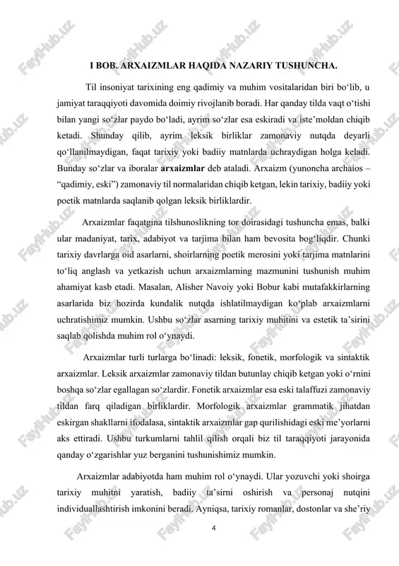 z mumkin. arxaizmlar adabiyotda ham muhim rol o‘ynaydi. ular yozuvchi yoki shoirga tarixiy muhitni yaratish, badiiy ta’sirni oshirish va personaj nutqini individuallashtirish imkonini beradi. ayniqsa, tarixiy romanlar, dostonlar va she’riy asarlarda arxaizmlar o‘quvchini o‘tmishga olib boruvchi muhim stilistik vosita sifatida xizmat qiladi. masalan, shakespirning asarlarida eski inglizcha so‘zlar, alisher navoiyning she’rlarida esa eski turkiy leksik birliklar uchraydi. tarjima jarayonida esa arxaizmlarni yetarli darajada ifodalash muammosi yuzaga keladi. chunki har bir tilning o‘z tarixiy xususiyatlari bor va bir tildagi arxaizmlarni boshqa tilda aynan shu tarixiy ruh bilan berish har doim ham oson bo‘lavermaydi. masalan, o‘zbek tilidagi “bek” yoki “xon” so‘zlarini ingliz tiliga oddiy “lord” deb tarjima qilish ularning tarixiy va madaniy mazmunini to‘liq yetkazmaydi. shu sababli, tarjimonlar bunday so‘zlarni kontekstga mos ravishda yetkazish yo‘llarini izlashlari lozim. shu nuqtai nazardan, ushbu tadqiqotda biz arxaizmlarning nazariy asoslarini, ularning tildagi o‘rnini, adabiy asarlardagi ahamiyatini va tarjima jarayonida yuzaga keladigan muammolarni tahlil qilib chiqamiz. arxaizmlarning …
