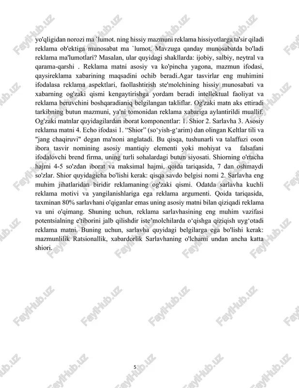 orat komponentlar: 1. shior 2. sarlavha 3. asosiy reklama matni 4. echo ifodasi 1. “shior” (so‘yish-g‘arim) dan olingan keltlar tili va "jang chaqiruvi" degan ma'noni anglatadi. bu qisqa, tushunarli va talaffuzi oson ibora tasvir nomining asosiy mantiqiy elementi yoki mohiyat va falsafani ifodalovchi brend firma, uning turli sohalardagi butun siyosati. shiorning o'rtacha hajmi 4-5 so'zdan iborat va maksimal hajmi, qoida tariqasida, 7 dan oshmaydi so'zlar. shior quyidagicha bo'lishi kerak: qisqa savdo belgisi nomi 2. sarlavha eng muhim jihatlaridan biridir reklamaning og'zaki qismi. odatda sarlavha kuchli reklama motivi va yangilanishlariga ega reklama argumenti. qoida tariqasida, taxminan 80% sarlavhani o'qiganlar emas uning asosiy matni bilan qiziqadi reklama va uni o'qimang. shuning uchun, reklama sarlavhasining eng muhim vazifasi potentsialning e'tiborini jalb qilishdir iste’molchilarda o‘qishga qiziqish uyg‘otadi reklama matni. buning uchun, sarlavha quyidagi belgilarga ega bo'lishi kerak: mazmunlilik ratsionallik, xabardorlik sarlavhaning o'lchami undan ancha katta shiori. i bob. reklama tarjimasi reklama tarjimasi oddiy atama …
