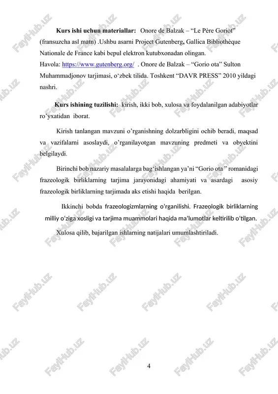 zma-so’z tarjima: frazeologik birlikni grammatik jihatdan to’g’ri tarjima qilish, lekin bunday usul ko‘pincha frazeologik ma’noni yo’qotadi. masalan, “être sur des charbons ardents” (issiq ko‘mir ustida turmoq) iborasi o’zbek o’quvchisi uchun tushunarsiz bo’lishi mumkin. “gorio ota” romanida frazeologik birliklarning tarjima jarayonidagi ahamiyati katta bo‘lib, u asarning uslubi, hissiy boyligi va madaniy o’ziga xosligini to’liq yetkazishda muhim rol o‘ynaydi. quyida ushbu jarayonning ahamiyati haqida batafsil ma’lumot keltirilgan: frazeologizmlar asarning uslubini saqlash vositasi sifatida · fransuz adabiyotida, xususan, onore de balzakning asarlarida frazeologik birliklar obrazlar va hissiy ta’sirni kuchaytirishda muhim ahamiyatga ega. · masalan, personajlarning ijtimoiy mavqeyi, hayotga bo’lgan munosabati yoki ruhiy holati frazeologizmlar orqali yorqin ifodalanadi. tarjimada bu birliklarning o’zbek tilida to’g’ri aks ettirilishi asarning uslubiy xususiyatlarini saqlashga yordam beradi. madaniy kontekstni yetkazishda frazeologizmlarning o’rni · har bir xalqning frazeologizmlari ularning madaniyatini aks ettiradi. “gorio ota” romanidagi frazeologik birliklar orqali xix asr fransuz jamiyatining hayot tarzi, urf-odatlari va ijtimoiy munosabatlari ko‘rsatilgan. misol …