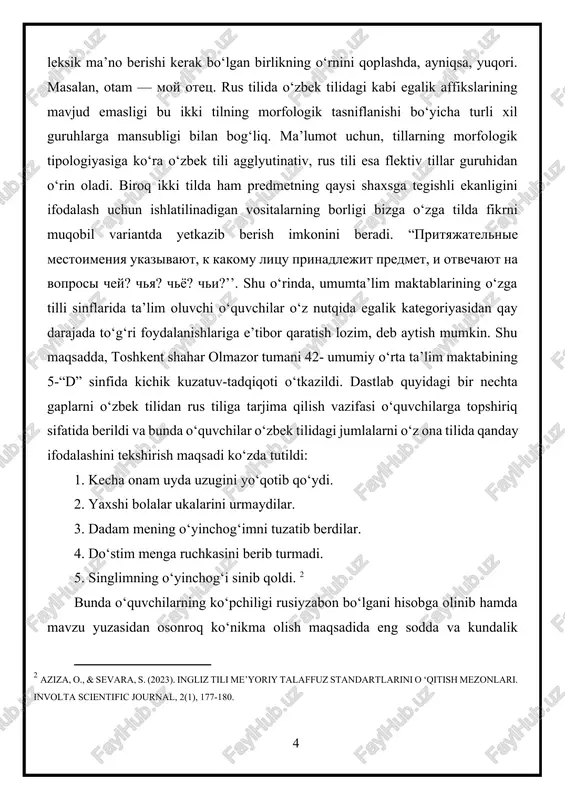 da g‘alizlik yuzaga keladi. yoki ko‘p bora yo‘l qo‘yilgan yana bir xato iii shaxs birlikdagi egalik ma’nosini anglatgan vositasiz to‘ldiruvchi vazifasidagi so‘zlarning rus tilida egalik olmoshlarisiz ifodalanganligi. bunda o‘quvchilar uzugini, ukalarini, ruchkasini so‘zlarini to‘g‘ridan to‘g‘ri tarjima qilishgan: koltso, bratev, ruchku kabi. ammo bu vaziyatda ushbu otlarning aynan “ona”ga, “bolalar”ga yoki “do‘st”ga tegishli ekanligi haqidagi ma’no anglashilmay qoladi va istalgan “uzuk”ni, “ukalar”ni hamda “ruchkalar”ni tasavvur qilishga imkon paydo bo‘ladi. shuning uchun bu jarayonda biz tarjimani svoyo koltso, svoix bratev, svoyu ruchku tarzida amalga oshirishimiz o‘rinli deb topiladi. yoki quyida keltiriladigan fikrlarga yondashish ham maqsadga muvofiqdir: “rus tilida iii shaxs egalik olmoshlari yo‘q, shuning uchun iii shaxsda kishilik olmoshining iii shaxs shakli (ego, eyo, ix) ishlatiladi. ego, eyo, ix aniqlanmish so‘z bilan rod, son va kelishikda moslashmaydi (azizov, 1965, 39-bet): ego rujyo — uning miltig‘i, eyo kniga — uning kitobi, ix deti — ularning bolalari kabi. yana bir o‘ziga xoslik beshinchi gapda …