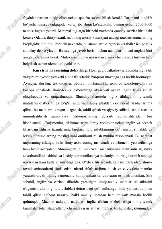 da va tarqatilmoqda. shunday sharoitda ingliz tilidagi ilmiy-texnik matnlarni o‘zbek tiliga to‘g‘ri, aniq va uslubiy jihatdan ekvivalent tarzda tarjima qilish, bu matnlarni chuqur o‘rganish, tahlil qilish va qiyosiy stilistik tahlil asosida umumlashtirish zamonaviy tilshunoslikning dolzarb yo‘nalishlaridan biri hisoblanadi. tarjimonlar, tilshunoslar va ilmiy xodimlar uchun ingliz va o‘zbek tillaridagi stilistik tizimlarning farqlari, nutq uslublarining qo‘llanishi, sintaktik va leksik qurilmalarning mosligi kabi omillarni bilish muhim hisoblanadi. bu nafaqat tarjimaning sifatiga, balki ilmiy axborotning tushunarli va ishonchli yetkazilishiga ham ta’sir ko‘rsatadi. shuningdek, bu mavzu til madaniyatini shakllantirish, ilmiy savodxonlikni oshirish va kasbiy kommunikatsiya madaniyatini rivojlantirish nuqtayi nazaridan ham katta ahamiyatga ega. o‘zbek tili asosida xalqaro darajadagi ilmiy-texnik axborotlarni ifoda etish, ularni sifatli tarjima qilish va ekvivalent matnlar yaratish orqali tilning zamonaviy kommunikatsion quvvatini oshirish mumkin. shu sababli, ingliz va o‘zbek tillarida yaratilgan ilmiy-texnik matnlar stilistikasini o‘rganish, ularning nutq uslublari doirasidagi qo‘llanilishiga ilmiy yondashuv bilan tahlil qilish nafaqat nazariy, balki amaliy jihatdan ham dolzarb …