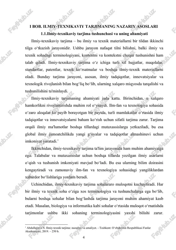 . talabalar va mutaxassislar uchun boshqa tillarda yozilgan ilmiy asarlarni o‘qish va tushunish imkoniyati mavjud bo‘ladi. bu esa ularning bilim doirasini kengaytiradi va zamonaviy ilm-fan va texnologiya sohasidagi yangiliklardan xabardor bo‘lishlariga yordam beradi. uchinchidan, ilmiy-texnikaviy tarjima sohalararo muloqotni kuchaytiradi. har bir ilmiy va texnik soha o‘ziga xos terminologiya va tushunchalarga ega bo‘lib, bularni boshqa sohalar bilan bog‘lashda tarjima jarayoni muhim ahamiyat kasb etadi. masalan, biologiya va informatika kabi sohalar o‘rtasida muloqot o‘rnatishda tarjimonlar ushbu ikki sohaning terminologiyasini yaxshi bilishi zarur. shuningdek, ilmiy-texnikaviy tarjima iqtisodiy rivojlanishga ham ta'sir ko‘rsatadi. innovatsion g‘oyalar va texnologiyalarni o‘z ichiga olgan ilmiy materiallarning boshqa tillarga tarjimasi orqali yangi mahsulotlar va xizmatlar ishlab chiqish uchun zamin yaratiladi. bu esa iqtisodiyotning turli sohalarida raqobatbardoshlikni oshirishga yordam beradi. texnik tarjima maxsus til matnlarini, ya'ni maxsus maqsadlar tili (lsp) yordamida yozilgan matnlarni tarjima qilishni o'z ichiga oladi. shunday qilib, texnik tarjima (va "texnik terminologiya" ham) nafaqat muhandislik yoki tibbiyot matnlarini …