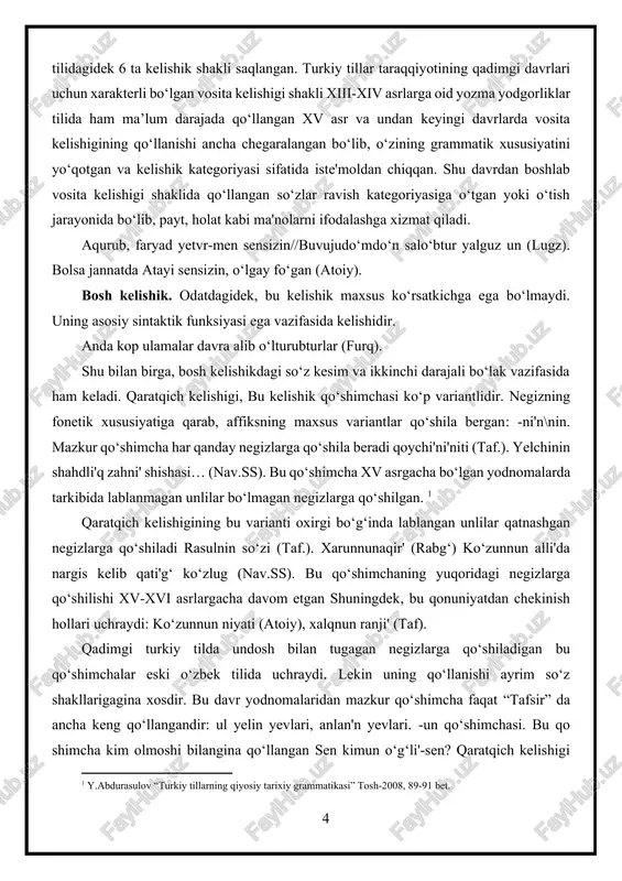 imchasidan keyin qo‘shilgan: qi'li'ch birla bashi'n kesti (o‘n), ismailni'n yevin sordi' (rabg‘.). tushum kelishigining bu qo‘shimchasi she'riy asarlarda keng qo‘llangan.[footnoteref:2] [2: y.abdurasulov “turkiy tillarning qiyosiy tarixiy grammatikasi” tosh- 2008, 112- 134 bet.] -i"li. bu qo‘shimcha i va ii shaxs egalik qo‘shimchalaridan keyin qo‘shilgan: adl qulagi'-la eshit hali'mi' (muq)- aqli'mi' tomam aldi' tugmai giribanin (furq.). tushum kelishigining belgisiz go‘llanishi ham eski o‘zbek tili uchun xarakterlidir: qoymag‘umdur yetagin (bobir). ko‘nul shakar bikin ag‘zi'n ko‘rup. tushum kelishigining qadimgi turkiy tilga xos bo‘lgan -g‘/g/ig‘/ig/ug‘/ug variantlari eski o‘zbek tilida uchramaydi. jo‘nalish kelishigi. bu kelishik qo‘shimchasi eski o‘zbek tilida -qa\g‘a\ka\ga, -al-a' va -na'/n'a kabi variantlarga ega. shu bilan birga, qadimgi turkiy tilga xos bo‘lgan g‘aru/garu/qaru/karu -ra/ra'/ru/ru' qo‘shimchalari ham ayrim yodnomalarda uchraydi. -g‘a/ ga varianti unli va jarangli undosh bilan tugagan so‘zlarga qo‘shiladi. -qa qo‘shimchasi jarangsiz undoshlar va undoshlari bilan tugagan negizlarga qo‘shiladi: yeykim bani' she'r ahli'g‘a sen xan yanli'g‘ \ she'rin bari' she'rlarga sultan yanli'g‘ (bobir). …