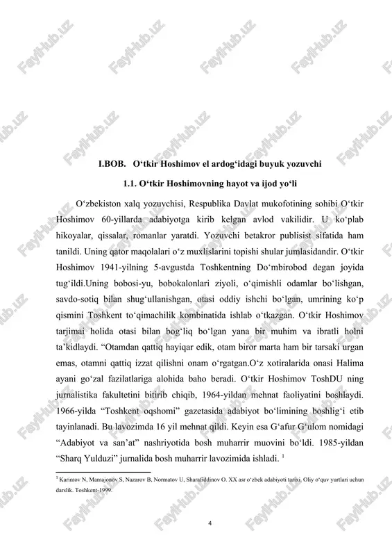 g “cho‘l havosi” qissasi bosildi-yu, muallif kitobxonlar orasida mashhur bo‘lib ketdi. abdulla qahhor yosh muallifga shunday maktub yo‘lladi: “o‘tkir! “cho‘l havosi”ni o‘qib suyunib ketdim. birdan lov etgan alanga bilan boshlangan ijodning kelajagi porloq bo‘ladi, qissa juda sof, samimiy iliq, tabiiy , rohat bilan o‘qiladi. qissaning xat shaklida bo‘lishi ko‘p joylarida ritmni buzadi, so‘zni cheklab qo‘yadi. hikoya birinchi shaxs tilidan olib borilsa, ham shunday bo‘lar edi. buni o‘ylang, hisobga oling. shu alanga hech qachon pasaymasin, ijodingiz hech qachon to‘xtamasin! hurmat bilan abdulla qahhor”. ushbu asar yoshlar hayotiga bag‘ishlangan bo‘lib, unda ilk muhabbat, totli visol onlari, dastlabki iztiroblar haqida hikoya qilinadi. o‘tkir hoshimovni bu muvaffaqiyat ruhlantirib yubordi. u 30 dan oshiq katta-kichik nasriy asarlar yaratdi. muhimi shundaki, bu asarlarning har birida izlanish bor.u o‘z uslubini takomillashtirish uchun tinmay ishlaydi.uning yirik qissalari va romanlari adibining realizm sirlarini puxta egallashida muhim pillapoyalar bo‘ldi.[footnoteref:2] [2: mirzayev s. xx asr o‘zbek adabiyoti. darslik. toshkent. “yangi asr …