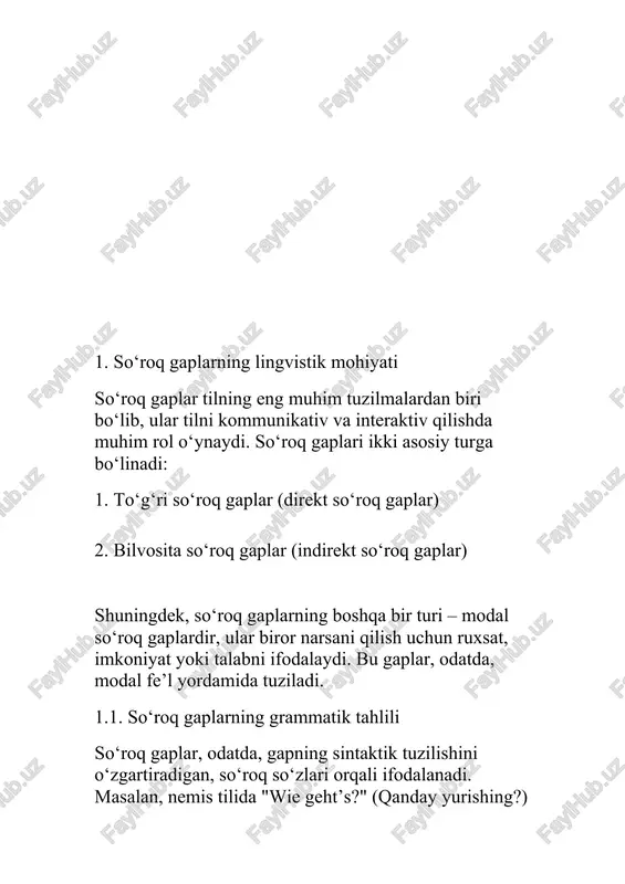 oq gaplar o‘zbek tilida so‘roq gaplar so‘roq so‘zlari yordamida quriladi. masalan: "kim keldi?" (kim keldi?), "nega kech qolding?" (nega kech qolding?). o‘zbek tilidagi so‘roq gaplar ko‘pincha so‘roq so‘zlar va intonatsiya orqali ifodalanadi. 3.2. o‘zbek tilidagi bilvosita so‘roq gaplar o‘zbek tilidagi bilvosita so‘roq gaplar, ko‘proq modifikatsiya qilingan gaplardan iborat bo‘ladi. masalan: "u, kim kelganini biladimi?" (u kim kelganini biladimi?). bu kabi gaplar, o‘zbek tilida ham semantik jihatdan aniq bo‘lmaydi. 3.3. o‘zbek tilidagi modal so‘roq gaplar o‘zbek tilida modal so‘roq gaplar asosan yordamchi fe’llar orqali quriladi. misol: "yordam bera olasizmi?" (yordam bera olasizmi?). bu gapda, savol yordamchi fe’l orqali bildirilib, javobni talab qiladi. 4. nemischa-o‘zbekcha tarjimadagi so‘roq gaplarning tahlili 4.1. sintaktik farqlar va tarjimadagi muammolar nemis va o‘zbek tillaridagi so‘roq gaplar o‘zaro ba’zi sintaktik farqlarga ega. nemis tilida to‘g‘ri so‘roq gaplar ko‘pincha gapning boshida so‘roq so‘zlar bilan boshlanadi, misol uchun: „wie geht’s?“ (qanday yurishing?) „kommen sie mit uns?“ (biz bilan kelasizmi?) biroq, …