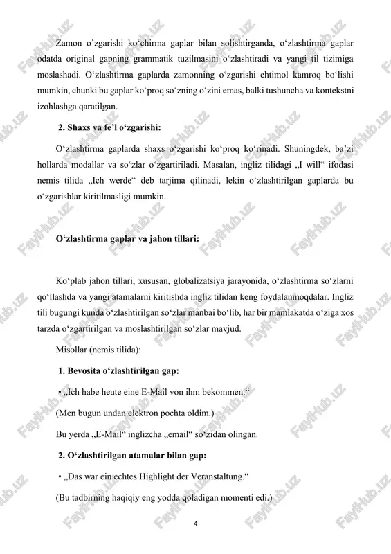 idan olingan va nemis tiliga o‘zlashtirilgan. adabiyotda o‘zlashtirma gaplar: adabiyotda o‘zlashtirma gaplar asosan yozuvchining yoki personajning tilini haqiqiy va tabiiy qilib ko‘rsatish uchun qo‘llaniladi. ayniqsa, zamonaviy adabiyotda o‘zlashtirilgan so‘zlar va iboralar juda keng qo‘llaniladi, bu orqali muallif o‘quvchiga jahon tillarining ta’sirini va globalizatsiyaning ta’sirini ko‘rsatadi. misol: • „die autorin verwendet viele anglizistische ausdrücke in ihrem neuen roman.“ (yozuvchi o‘zining yangi romanida ko‘plab inglizcha iboralarni ishlatadi.) 1.2. ko’chirma gaplar [footnoteref:2]ko‘chirma gaplar – bu asl so‘zlardan bevosita iqtibos keltirmasdan, boshqa biror kishining aytganlarini o‘z so‘zlarimiz bilan ifodalash usuli. ko‘chirma gapda zamon, shaxs va holatlar ba’zan o‘zgaradi, lekin mazmun saqlanadi. nemis tilida ko‘chirma gaplar bevosita so‘zlashuvga nisbatan ancha murakkab tuzilishga ega bo‘lishi mumkin. [2: miller, p. & smith, d. (2018). indirekte rede in der literatur und sprachwissenschaft. berlin: akademische verlagsgesellschaft. ] ko‘chirma gaplar va o’zlashtirma gaplar: 1. o’zlashtirma gap (direkte rede): o’lashtirma gapda kishining so‘zlari aniq va to‘g‘ridan-to‘g‘ri keltiriladi. ular qo‘llanilishida hech qanday …