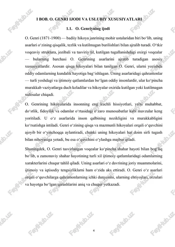 huningdek, o. genri tasvirlangan voqealar ko‘pincha shahar hayoti bilan bog‘liq bo‘lib, u zamonaviy shahar hayotining turli xil ijtimoiy qatlamlaridagi odamlarning xarakterlarini chuqur tahlil qiladi. uning asarlari o‘z davrining joriy muammolarini, ijtimoiy va iqtisodiy tengsizliklarni ham o‘zida aks ettiradi. o. genri o‘z asarlari orqali o‘quvchilarga qahramonlarning ichki dunyosini, ularning ehtiyojlari, orzulari va hayotga bo‘lgan qarashlarini aniq va chuqur yetkazadi. 1.2. hikoyalarining janr xususiyatlari o. genri hikoyalarining janr xususiyatlari asosan qisqa hikoya (short story) janriga xos bo‘lib, uning asarlari tez va kutilgan yoki kutilmagan ravishda yakunlanadigan voqealar bilan ajralib turadi. genri o‘zining qisqa hikoyalarida o‘quvchini bir necha sahifa ichida qo‘lga kiritish va uni oxiriga qadar diqqat bilan ushlab turish maqsadida kuchli voqeaviy struktura yaratgan. o‘ziga xos ravishda, uning hikoyalari o‘quvchining diqqatini bir lahzaga bo‘ysundirishga imkon beradi. bu janrning o‘ziga xos xususiyati shundaki, unda qisqa muddat ichida juda ko‘p ma’lumot va taassurotlar yig‘iladi. genri hikoyalari ko‘pincha kutilgan va kutilmagan voqealar bilan boshlanadi va …
