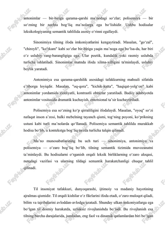 iladi. yangi so‘zlar turlicha yo‘llar bilan yaratiladi: · mavjud so‘zlardan yangi ma’no chiqarish; · boshqa tillardan so‘zlar olib kirish (so‘z o‘zlashishi); · so‘z yasovchi qo‘shimchalar orqali yangi so‘zlar hosil qilish; · birikma yoki qisqartmalar orqali so‘z yaratish. masalan, texnologik rivojlanish bilan bog‘liq “smartfon”, “onlayn”, “robototexnika” kabi atamalar o‘zbek tiliga yangi kirib kelgan, so‘ngra umumxalq tiliga singib ketgan so‘zlardir. ayni paytda “xat tashuvchi”, “telegraf”, “kengashlar uyi” kabi so‘zlar unutilib bormoqda. “leksik ma’no leksemaning nimanidir nomlashi (atashi), anglatishi va ifodalanishidir. u quyidagi uch hodisa o‘rtasidagi bog‘lanishdan tarkib topadi: a) fonetik so‘z (leksemaning fonetik qobig‘i, shakli); b) fonetik so‘z tomonidan nomlangan predmet, hodisa, tushuncha (denotat, referent); d) fonetik so‘z tomonidan ifodalangan ma’no (signifikat, u inson ongida denotat haqida shakllangan ma’nodir)”.[footnoteref:1] ma’lum vaqtdan keyin tushuncha nomlangan so‘z eskiradi, o‘rniga tushuncha boshqa so‘z bilan nomlana boshlaydi yoki so‘z bilan birga tushuncha ham eskiradi. eskirgan so‘zlarni o‘rganish ham leksikologiyaning vazifasidir. leksikologiya qamrov jihatidan tilshunoslikning eng katta …