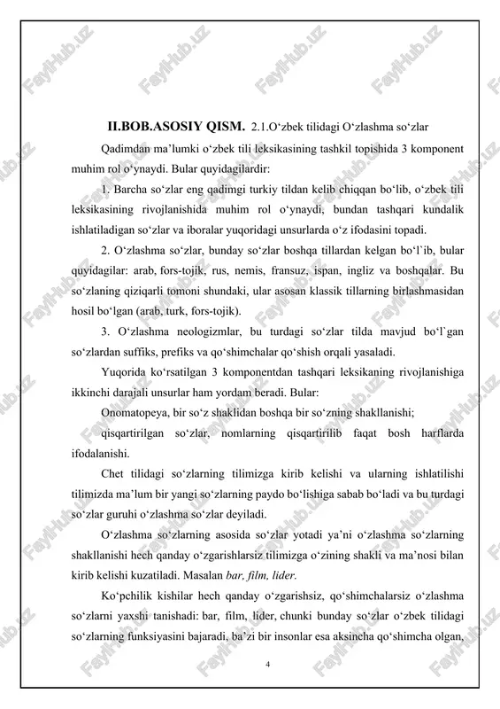 zero ya’ni nol mavjud bo‘lmagan) tram, transistor, juke-box kabi so‘zlar ingliz tilidan kirib kelgan. o‘zlashma so‘zlarning boylik jihatdan stilistik va ijtimoiy holati muhim o‘rin tutadi. jamiyatni, madaniyatni, yashash sharoitini eslashga xizmat qiladi: o‘zlashma so‘zlarning boyligi leader, flirt, baby-sitter, week-end so‘zlarida ko‘rinadi. ingliz tilidagi so‘zlar va birikmalar ba’zida ularning qisqaligi qulaylik tug‘diradi: ya’ni jurnalistika tilida, sohasida uchrab turuvchi so‘zlarni tushuntirib beradi, masalan boom, show italyan tilidagi ekvivalentlari quyidagilar show (teatrning turi, bir necha har xil bo‘g‘inlardan tashkil topgan italyan tilidagi ekvivalenti sit-in ma’lum bir joyda tomoshabinlarni yig‘ish). o‘zlashma so‘zlar yozma va og‘zaki shakllar orqali tilga kirib keladi. tunnel so‘zi yozma til orqali kirib kelgan. agar tunnel so‘zi og‘zaki tildan kirib kelganda edi tanel deb talaffuz qilinar edi xuddi ingliz tilidagidek. budget aksincha badjet deb talaffuz etiladi, chunki og‘zaki tildan kirib kelgan. shunday turdagi ingliz so‘zlari borki, ular o‘zbekistonda har xil talaffuz etiladi, masalan: inglizcha talaffuz o‘zbekcha talaffuz flirt | flə:t| |flert| …