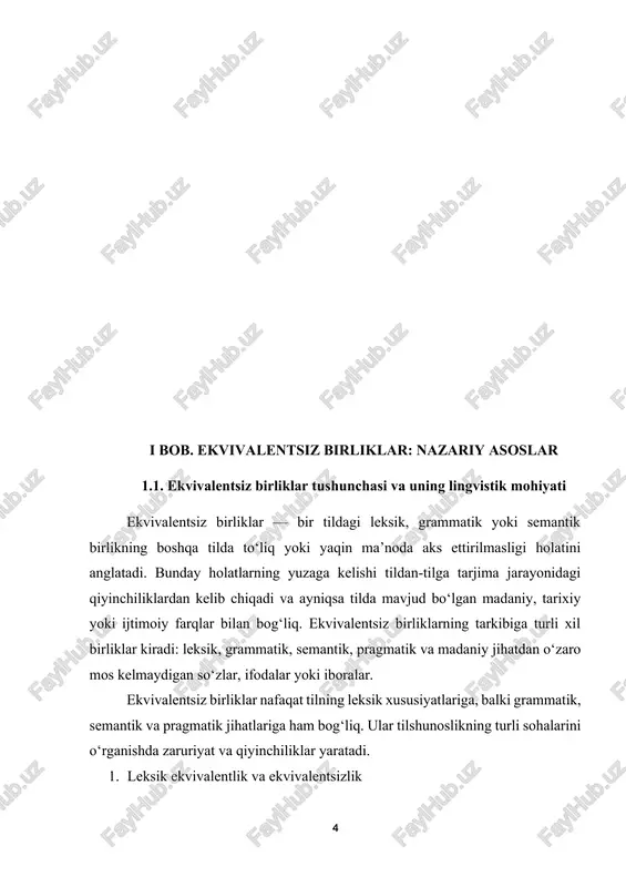 ksik ekvivalentlik, asosan, ikki til o‘rtasidagi semantik o‘xshashlikka asoslanadi va bu ikki tilning leksik tizimining bir-biriga to‘liq mos kelishi holatida yuzaga keladi. bunda so‘zning asosiy ma’nosi, uning struktura va funksiyasidan qat’iy nazar, boshqa tilga aniq va tushunarli tarzda o‘tkaziladi. biroq, barcha leksik birliklar bunday moslashuvga ega emas, ba’zida, tilda mavjud bo‘lgan ba'zi so‘zlar yoki iboralar boshqa tilda bevosita ekvivalentga ega bo‘lmasligi mumkin. bu holatni tilshunoslikda ekvivalentlikning yo‘qolishi deb atashadi. leksik ekvivalentlik ba’zan o‘z-o‘zidan yuzaga keladi, ya’ni bir tilning so‘zi yoki ifodasi boshqa tilda to‘g‘ri va mukammal tarzda mavjud bo‘ladi. masalan, ingliz tilidagi “table” so‘zi o‘zbek tiliga “stol” deb tarjima qilinadi va bu ikki so‘zning ma’nosi bir-biriga to‘liq mos keladi. bunda asl ma’no va funksiya saqlanadi va tarjima o‘quvchiga aniq tushunarli bo‘ladi. biroq leksik ekvivalentlik har doim ham shu tarzda to‘liq bo‘lmaydi. ba’zan bir tilda mavjud bo‘lgan so‘zning boshqa tilda to‘liq ekvivalenti bo‘lmaydi. bu holatda, tarjimon ekvivalentlikni saqlash uchun turli xil …