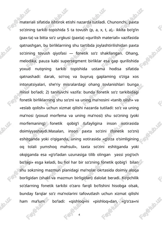 asarlarda berilgan. (2. xususiy fonetika. fonetikaning bu turi konkret bir tilning fonetik tizimi haqida ma'lumot beradi: o‘zbek tili fonetikasi, rus tili fonetikasi,ingliz tili fonetikasi kabi. xususiy fonetika ayrim olingan bir tilning fonetik tizimini o‘rganishda umumiy fonetika xulosalariga. shuningdek, fonetikaning boshqa turlarida to‘plangan tajribalarga tayanadi. uning quyidagi ikki turi bor: tavsifiy fonetika. bunda ayrim olingan bir tilning fonetik tizimi, undagi fonetik hodisalar va faktlar statik holatda (shu tilning oldingi tarixiy taraqqiyoti bilan bog‘lanmay) o‘rganiladi. xususan. «hozirgi o‘zbek adabiy tili fonetikasi» ham aslida tavsifiy fonetikadir, chunki unda o‘zbek tilining fonetik tizimi, bu tizimda mavjud bo‘lgan fonetik faktlar (unli va undosh tovushlarning miqdor va sifat belgilari, tasnifi, urg‘u, bo‘g‘in va hokazolar) hozirgi o‘zbek tilida qanday bo‘lsa, shundayligicha (tarixiy jarayon va faktlarga bog‘lanmay) o‘rganiladi. hozirgi o‘zbek adabiy tilining tavsifiy fonetikasi «hozirgi o‘zbek adabiy tili» kursi bo‘yicha nashr etilgan ko‘pchilik darsliklarda, shuningdek, «uzbekskiyyazik» (v.v.reshetov, 1959), «osnovifonetikiigrammatikiuzbekskogoyazika» (v.v. reshetov , 1965), «obshayaxarakteristikaosobennosteyuzbekskogovokalizma» (v.v.reshetov, 1949), «foneticheskayasistemauzbekskogoliteraturnogoyazika», add …
