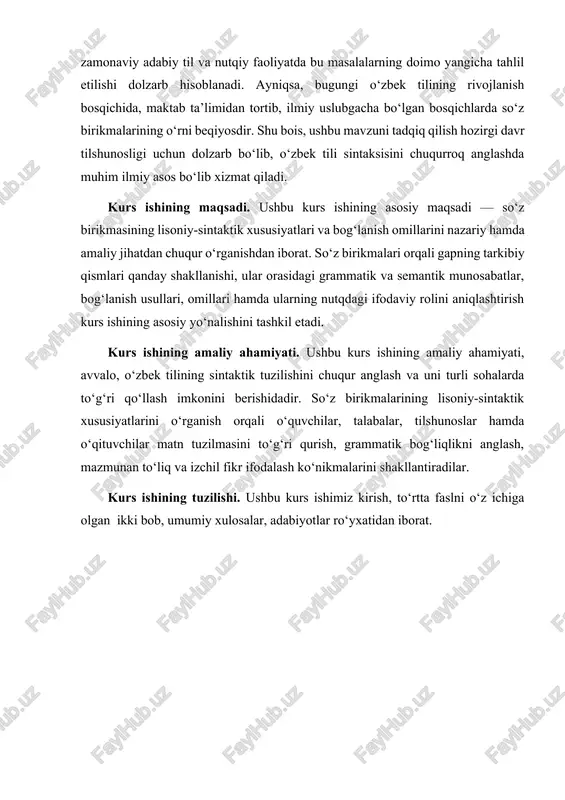 og‘liqlikni anglash, mazmunan to‘liq va izchil fikr ifodalash ko‘nikmalarini shakllantiradilar. kurs ishining tuzilishi. ushbu kurs ishimiz kirish, to‘rtta faslni o‘z ichiga olgan ikki bob, umumiy xulosalar, adabiyotlar ro‘yxatidan iborat. 1-bob.so‘z birikmasi sintaktik birlik sifatida 1.1.so‘z birikmasining o‘rganilishi so‘z birikmasi tushunchasi tilshunoslikda nisbatan kech shakllangan bo‘lsa-da, gapning tarkibiy qismlari orasidagi bog‘lanishlar qadimdan o‘rganilgan. so‘z birikmasi alohida sintaktik birlik sifatida birinchi marta rus tilshunosligida xix asr oxirlarida ko‘tarilgan[footnoteref:2]. vinogradov so‘z birikmasini gapdan kichik, so‘zdan katta bo‘lgan sintaktik birlik deb belgilaydi. bu g‘oya keyinchalik boshqa tillar, jumladan, o‘zbek tilshunosligiga ham kirib keladi. [2: vinogradov v.v. russkiy yazik. grammaticheskoe uchenie o slovosochetanii. moskva, 1950. – b.23-26.] o‘zbek tilshunosligida so‘z birikmalari masalasi xx asrning 50–60-yillaridan boshlab mustaqil sintaktik birlik sifatida o‘rganila boshlagan. bunga asosiy hissa qo‘shgan olimlar quyidagilar: 1.rajabov a. birinchi bo‘lib o‘zbek tilida so‘z birikmasining umumiy nazariy masalalarini yoritgan. u so‘z birikmasini "ikki yoki undan ortiq mustaqil so‘zlarning mazmun va grammatik jihatdan bog‘lanib, bir …