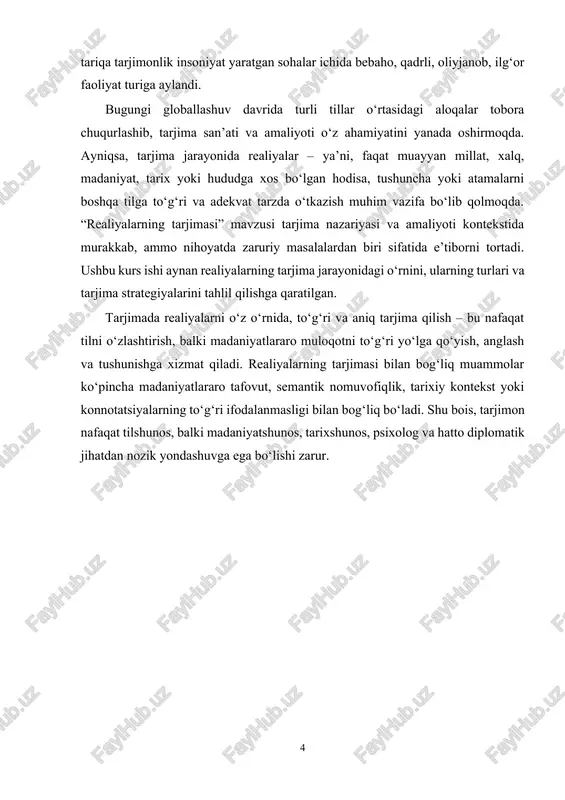 ganlar. jumladan, mashhur rus tarjimashunoslari s. vlaxov va s. florin o‘zlarining tarjima nazariyasiga oid tadqiqotlarida realiyalarni “bir xalqga xos bo‘lgan, boshqa xalqlar uchun noma’lum yoki tanish bo‘lmagan madaniy obyektlarni bildiruvchi so‘zlar” deb ta’riflaydi. ularning fikricha, realiyalar – bu tarjimada qiyinchilik tug‘diradigan birliklar bo‘lib, ularni tarjima qilishda oddiy semantik usullar yetarli bo‘lmaydi, balki pragmatik va madaniy tafakkur darajasini ham hisobga olish zarur. ingliz tarjimashunoslari p. newmark va j.-p. vinay bilan j. darbelnet ham ushbu masalaga e’tibor qaratgan. newmark realiyalarni “madaniy so‘zlar” (cultural words) deb ataydi va ularni boshqa tillarga tarjima qilishda izohli tarjima yoki moslashtirish (adaptatsiya) usullaridan foydalanishni tavsiya etadi. vinay va darbelnet esa realiyalarni tarjima qilishda “transpozitsiya” va “madaniy ko‘chirish” (cultural transposition) usullarini tavsiya qilgan. realiyalar tarjima nazariyasida muhim o‘rin egallaydi. sababi, tarjima faqatgina tildan tilga o‘tkazish emas, balki bir madaniyatdan boshqa madaniyatga ma’no ko‘chirish jarayoni hisoblanadi. bu jarayonda realiyalar asosiy madaniy ko‘prik sifatida xizmat qiladi. masalan, ingliz tilidagi “thanksgiving …