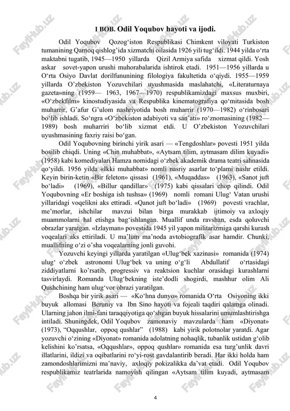 k hissalarini umumlashtirishga intiladi. shuningdek, odil yoqubov zamonaviy mavzularda ham «diyonat» (1973), “oqqushlar, oppoq qushlar” (1988) kabi yirik polotnolar yaratdi. agar yozuvchi o‘zining «diyonat» romanida adolatning nohaqlik, tubanlik ustidan g‘olib kelishini ko’rsatsa, «oqqushlar», oppoq qushlar» romanida esa turg’unlik davri illatlarini, ildizi va oqibatlarini ro‘yi-rost gavdalantirib beradi. har ikki holda ham zamondoshlarimizni ma’naviy, axloqiy pokizalikka da’vat etadi. odil yoqubov respublikamiz teatrlarida namoyish qilingan «aytsam tilim kuyadi, aytmasam dilim» (1956), «yurak yonmog‘i kerak» (1957), «olma gullaganda» (1960) va boshqa piesalarning muallifidir. u mohir tarjimon, munaqqid, publitsist sifatida ham barakali ijod qilib kelmoqda. o’zbekiston xalq yozuvchisi (1985) odil yoqubov mehnat qizil bayroq ordeni hamda yaponiya ustidan qozonilgan g‘alaba uchun medali bilan taqdirlangan. «ulug‘bek xazinasi» romani uchun hamza nomidagi respublika davlat mukofotiga sazovor bo‘lgan. 1.1 “ko‘hna dunyo” romani haqida odil yoqubovga eng katta shuhrat keltirgan asarlar tarixiy romanlari – «ulug’bek xazinasi» bilan «ko’hna dunyo» bo’ladi. adabiy tanqidchilikning bahosiga ko’ra «odil yoqubovning «ko’hna dunyo» romanining …
