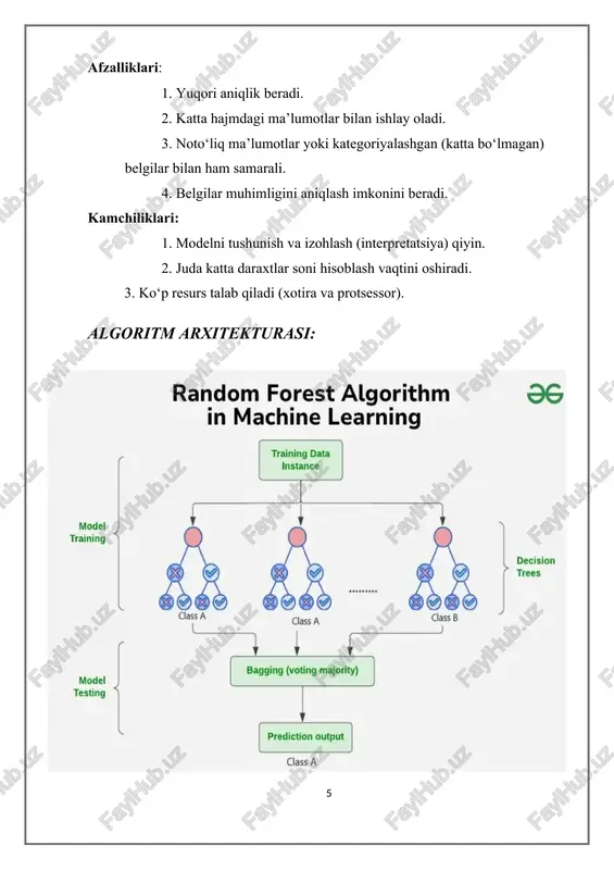 an, siri, alexa), avtomatik tarjima tizimlari (google translate), chatbotlar, matnli qidiruv tizimlari va sentiment tahlili. random forest va nlp (tabiiy tilni qayta ishlash): tabiiy tilda ifodalangan matnlarni sonli ko‘rinishga keltirish (masalan, tf-idf, countvectorizer) orqali, random forest algoritmi ushbu raqamli ifodalarni klassifikatsiya qilishda ishlatiladi. ayniqsa, sentiment tahlili (ijobiy, salbiy, neytral) uchun: · har bir matn xususiyatlar (belgilar) matritsasiga (feature matrix) aylantiriladi; · model o‘qitiladi va test qilinadi; · har bir yangi matnning kayfiyati aniqlanadi. random forest yordamida nlpda bajariladigan asosiy vazifalar 1. sentiment tahlili (ijobiy / salbiy / neytral) · foydalanuvchi sharhlari, izohlar, postlar tahlil qilinadi. · matn tf-idf yoki bag of words orqali raqamlashtiriladi. · random forest bu xususiyat asosida matnni sinflarga ajratadi. masalan: “bu mahsulot menga yoqdi.” → ijobiy “xizmat sifati juda yomon edi.” → salbiy “bu yemakxonaga yana kelamiz.”→ neytral 2. matn klassifikatsiyasi · matnlar turli toifalarga bo‘linadi: yangiliklar, sport, texnologiya, moliya va h.k · random forest algoritmi …