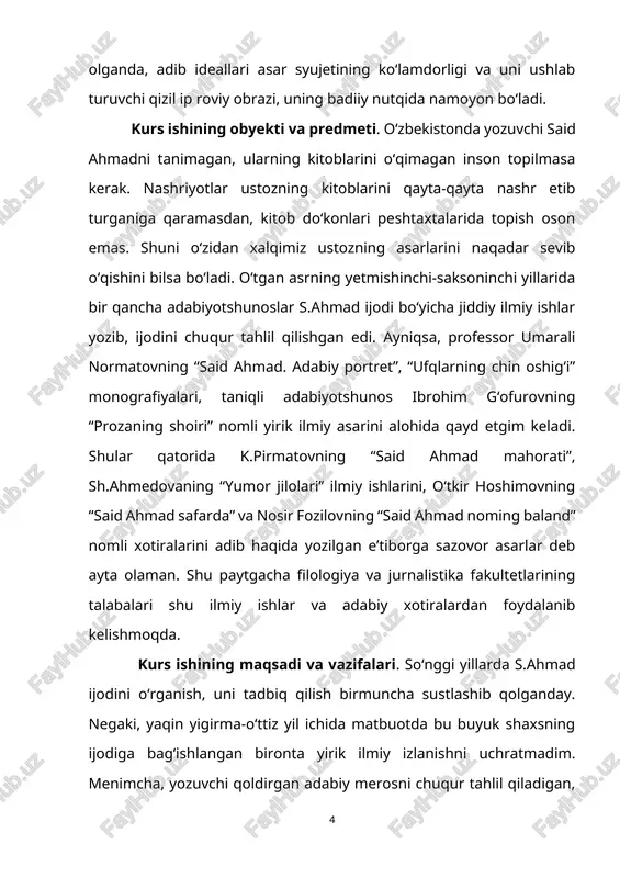 alar, nurbaxsh komediyalar, hayotiy romanlar muallifidir. u toshkentning samarqand darbozasi dahasida tug‘ilib, voyaga yetdi. said ahmad adabiyotga hikoyanavis sifatida kirib keldi. uning “onajonlar”, turnalar”, “cho‘l burguti”, “muhabbatning tug‘ilishi”, “hayqiriq”, “to‘y kechasida” singari hikoyalari o‘zbek hikoyachiligi yo‘nalishini belgilab bergan. adibning “muzey” degan kichkina hajviyasida madaniyat uylaridan biridagi ahvol tasvirlanadi. bu hikoyada rahbar bilan madaniyat uyi o‘rtasidagi nomutanosiblik ustidan kulinadi. 1994-yilda chiqqan “xandon pista” to‘plamiga kiritilgan “bo’ri ovi”, “bir siqim xandon pista”. “go‘shtning zarari” singari hajviyalari yozuvchining kulgidagi qalami yanada qayrilib borayotganligini ko‘rsatadi. taniqli adiblar hayoti bilan bog‘liq bo‘lgan hajviy hikoyalari ham “xandon pista” turkumidan o‘rin olgan. said ahmad mashhur komediyanavislardan biridir “kelinlar qo‘zg‘oloni” komediyasi qirq besh yildan buyon sahnadan tushmaydi. komediya janrida surunkasiga bu qadar uzoq umr ko‘rgan sahna asarini hozirgi yakkoyu yagonasi – shu “kelinlar ko‘zg‘oloni”. u hamza nomli teatrining o‘zidayoq 700 martadan ortiq sahnada ko‘rsatildi. said ahmadning datslabki to‘plami “tortiq” deb nomlangan va 1940-yilda nashr etilgan. 50-yillarning o‘rtalaridan mohir …