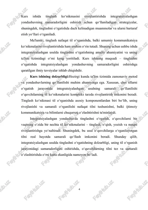 latish ko‘nikmalarini ham rivojlantiradilar. integratsiyalashgan usulning bir nechta afzalliklari mavjud, ular ta'lim jarayonini samarali, qiziqarli va interaktiv qilishga imkon beradi. quyida ushbu usulning asosiy afzalliklari keltirilgan: 1. kompleks yondashuv: integratsiyalashgan usulning eng katta afzalligi shundaki, u bir nechta ko‘nikmalarni bir vaqtda rivojlantirish imkonini beradi. masalan, tinglash va nutq ko‘nikmalarini birlashtirish, o‘quvchilarga nafaqat o‘qish va yozish, balki tilni nutqda ishlatish qobiliyatini ham rivojlantirishga yordam beradi. bu holat, o‘quvchilarning tilni amaliy ravishda o‘zlashtirishlariga yordam beradi va ularning kommunikatsiya ko‘nikmalarini mustahkamlaydi. 2. real hayotga moslik: integratsiyalashgan usulda ta'lim jarayoni real hayot vaziyatlariga yaqinlashtiriladi. o‘quvchilarga hayotiy vaziyatlar orqali tilni o‘rganish imkoniyati yaratiladi, bu esa ularning o‘rganish motivatsiyasini oshiradi. o‘quvchilar, o‘zlashtirgan bilimlarini real hayotda qo‘llashni o‘rganadilar, bu esa ularning tilga bo‘lgan qiziqishini oshiradi va bilimlarni mustahkamlashga yordam beradi. 3. o‘quvchilarni faollashtirish: integratsiyalashgan usul o‘quvchilarni faollashtirishga yo‘naltirilgan yondashuvdir. bu usulda o‘quvchilar turli faoliyatlar orqali bilimlarni mustahkamlashadi. masalan, tinglash mashg‘ulotlarida o‘quvchilar mavzuni tushunish va unga oid savollarga …