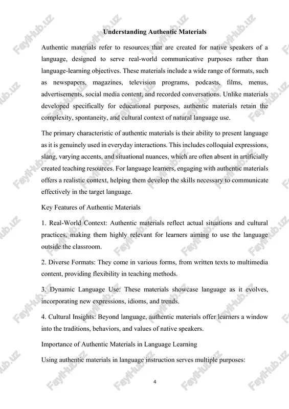 ntext in authentic materials real-world context refers to the way authentic materials reflect genuine, everyday language use in realistic situations. these materials are not designed to teach language; instead, they are created for native speakers to fulfill specific communicative purposes, such as informing, entertaining, or persuading. this quality makes them invaluable for language learners, as they mirror the scenarios and interactions learners will encounter in real life. examples of real-world contexts 1. social interactions: recorded conversations or dialogues from tv shows that mimic how people talk in casual or formal settings. greeting exchanges, small talk, or arguments showcasing natural conversational flow and tone. 2. professional environments: emails, presentations, or business meetings that illustrate professional communication norms. instructions or demonstrations, like those in job training videos. 3. daily activities: instructions on product packaging, shopping transactions, or restaurant ordering scenarios. directions from navigation systems or maps used in travel. 4. cultural events: …