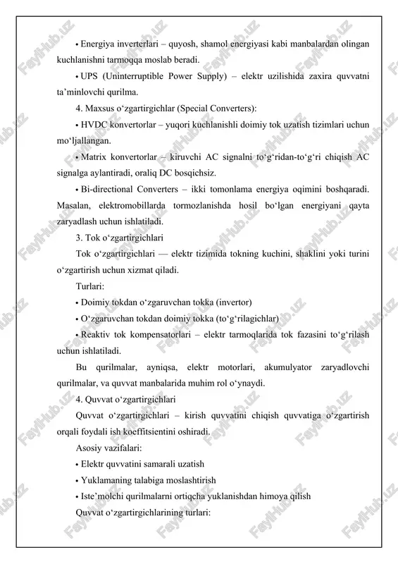 analog signallarni (masalan, harorat, bosim, tovush) kuchaytirish, filtratsiya qilish, shaklini o‘zgartirish yoki boshqa shaklga aylantirish. qo‘llanilishi: · ovoz kuchaytirgichlarda · analog sensorlarda (harorat, bosim o‘lchovlari) · televideniye va radio tizimlarida 2. raqamli o‘zgartirgichlar (digital converters) raqamli o‘zgartirgichlar raqamli signallar bilan ishlaydi, ya’ni ma’lumotlar "0" va "1" ko‘rinishida ifodalanadi. bu turdagi o‘zgartirgichlar odatda mikroprotsessorlar yoki raqamli elektron qurilmalar bilan bog‘lanadi. signalni raqamli shaklda qayta ishlash, uzatish, saqlash yoki boshqa raqamli tizimlarga moslashtirish. vazifasini bajaradi. qo‘llanilishi: · analog-raqamli o‘zgartirgichlar (adc) · raqamli-analog o‘zgartirgichlar (dac) · raqamli boshqariladigan kuchaytirgichlar · raqamli avtomatika va robototexnika sohalarida 3. statik o‘zgartirgichlar statik o‘zgartirgichlar harakatlanuvchi mexanik qismlarsiz ishlaydi. ular faqat elektron komponentlar (diod, tranzistor, tiristor) yordamida energiyani o‘zgartiradi. energiyani tejamkor va ishonchli tarzda o‘zgartirish; mexanik eskirish xavfisiz ishlash vazifasini bajaradi qo‘llanilishi: · kompyuter bloklarida · elektr avtomobillarda · avtomatik stabilizatorlarda 4. dinamik o‘zgartirgichlar: dinamik o‘zgartirgichlarda elektr energiyasini o‘zgartirish uchun harakatlanuvchi mexanik qismlar (masalan, aylanuvchi generatsiya yoki mexanik …